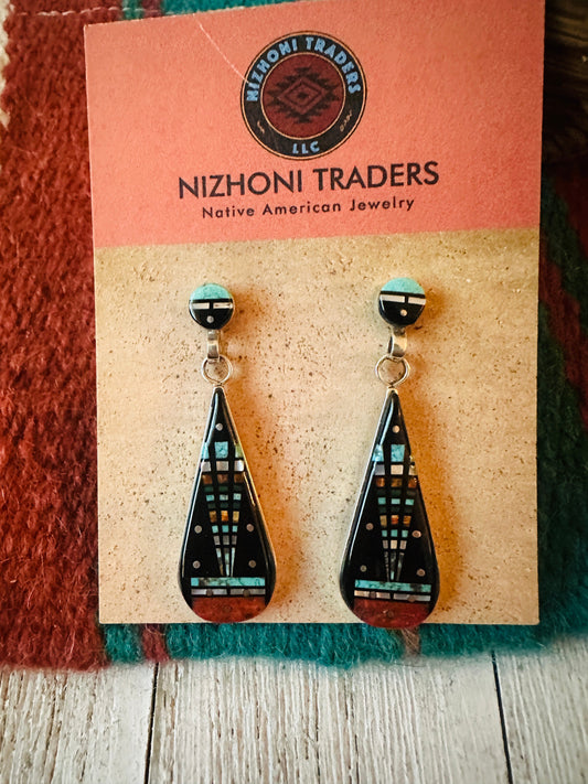 Handcrafted Sterling Silver & Multi Stone Inlay Dangle Earrings