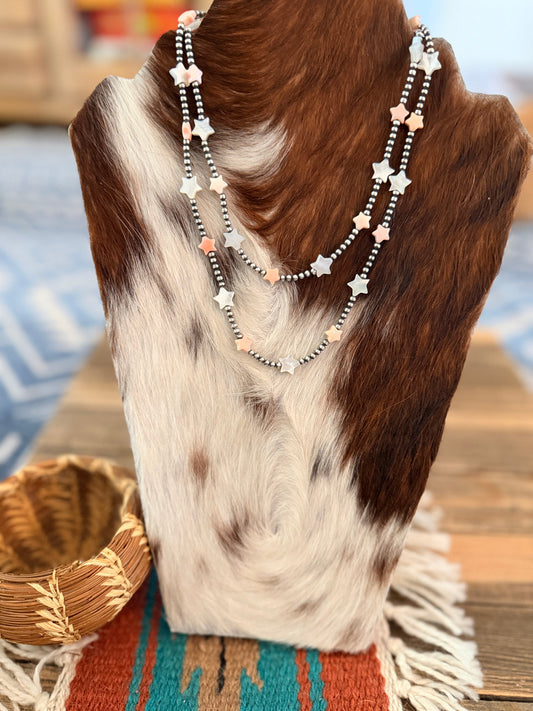 Handcrafted Mother of Pearl Star and Sterling Silver Pearl Beaded Necklace