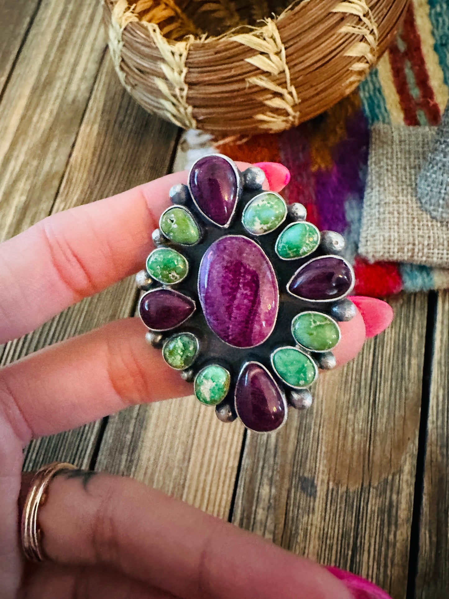 Handcrafted Spiny, Turquoise & Sterling Silver Adjustable Cluster Ring by Rena Shelly