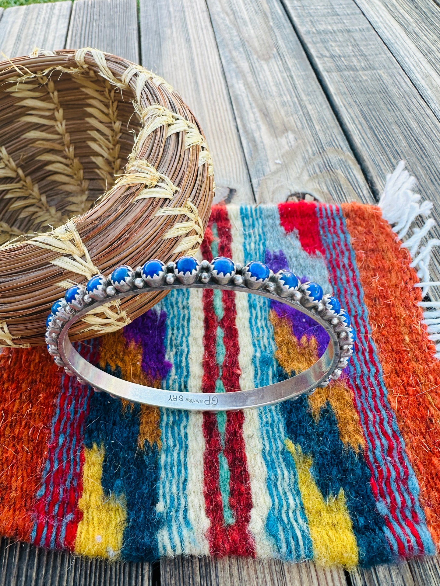 Handcrafted Old Pawn Lapis & Sterling Silver Bangle Bracelet