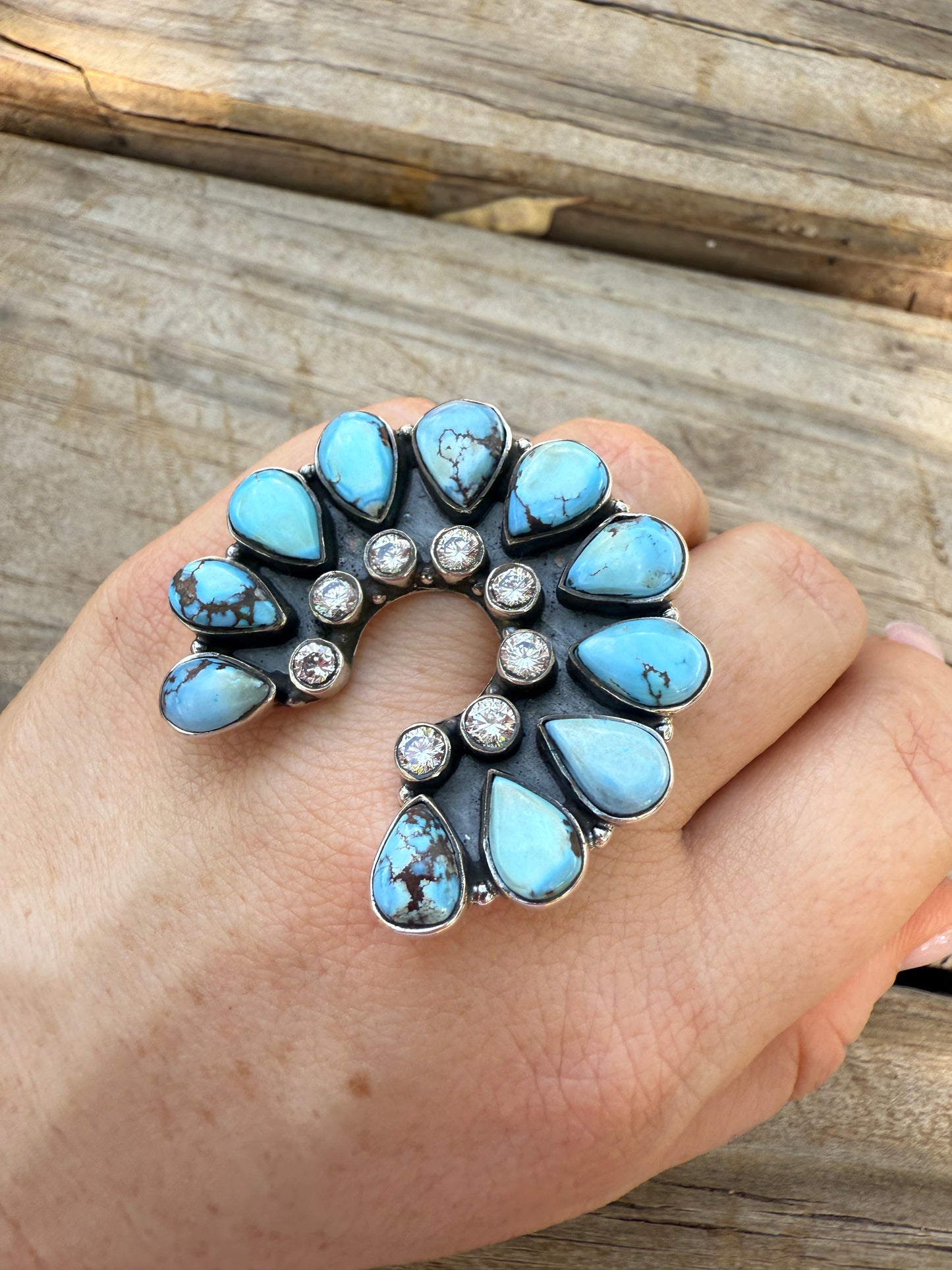 Handmade Golden Hills Turquoise, Cz & Sterling Silver Adjustable Naja Ring