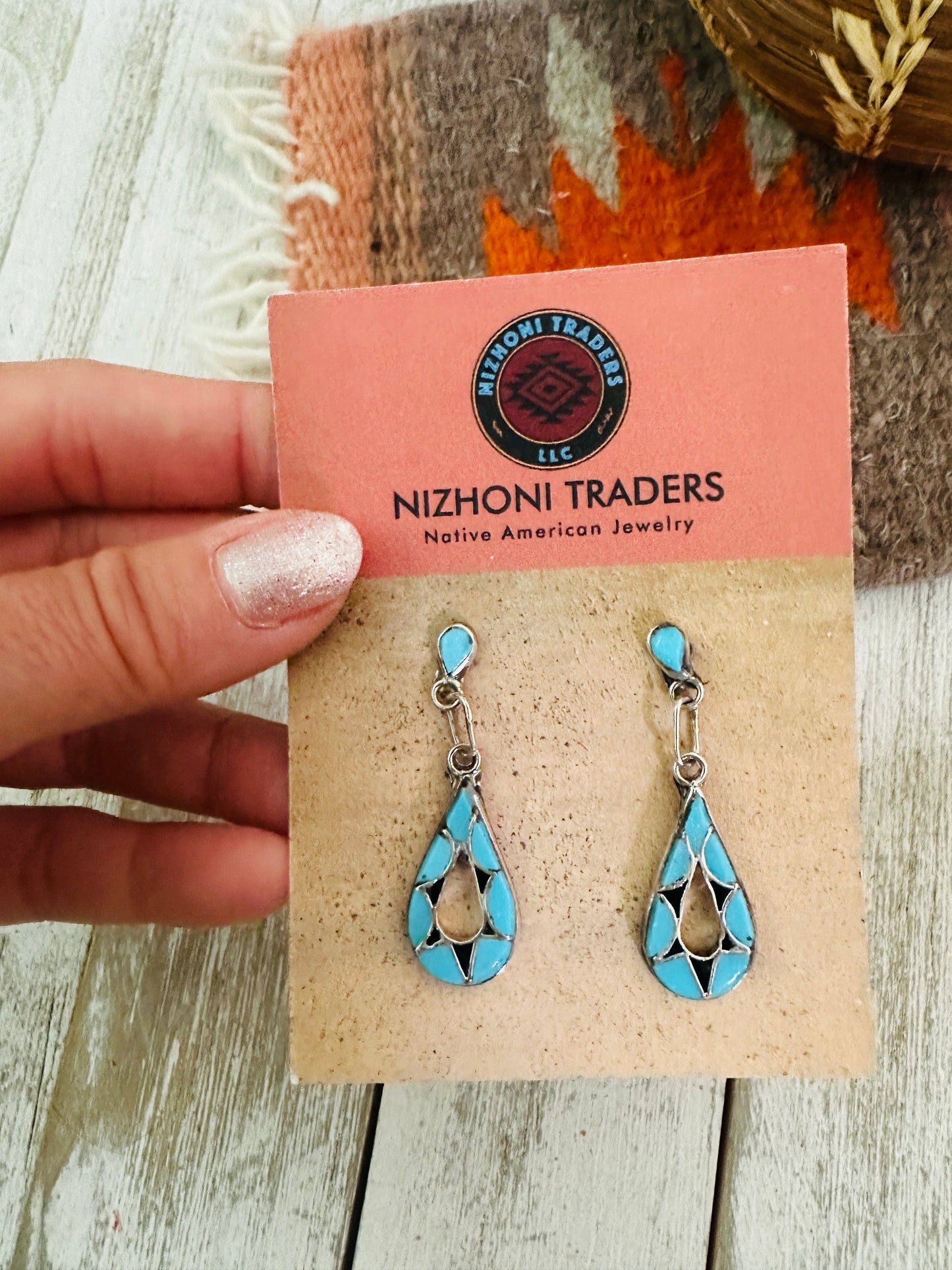 Handcrafted Sterling Silver,  Turquoise & Onyx Inlay Dangle Earrings