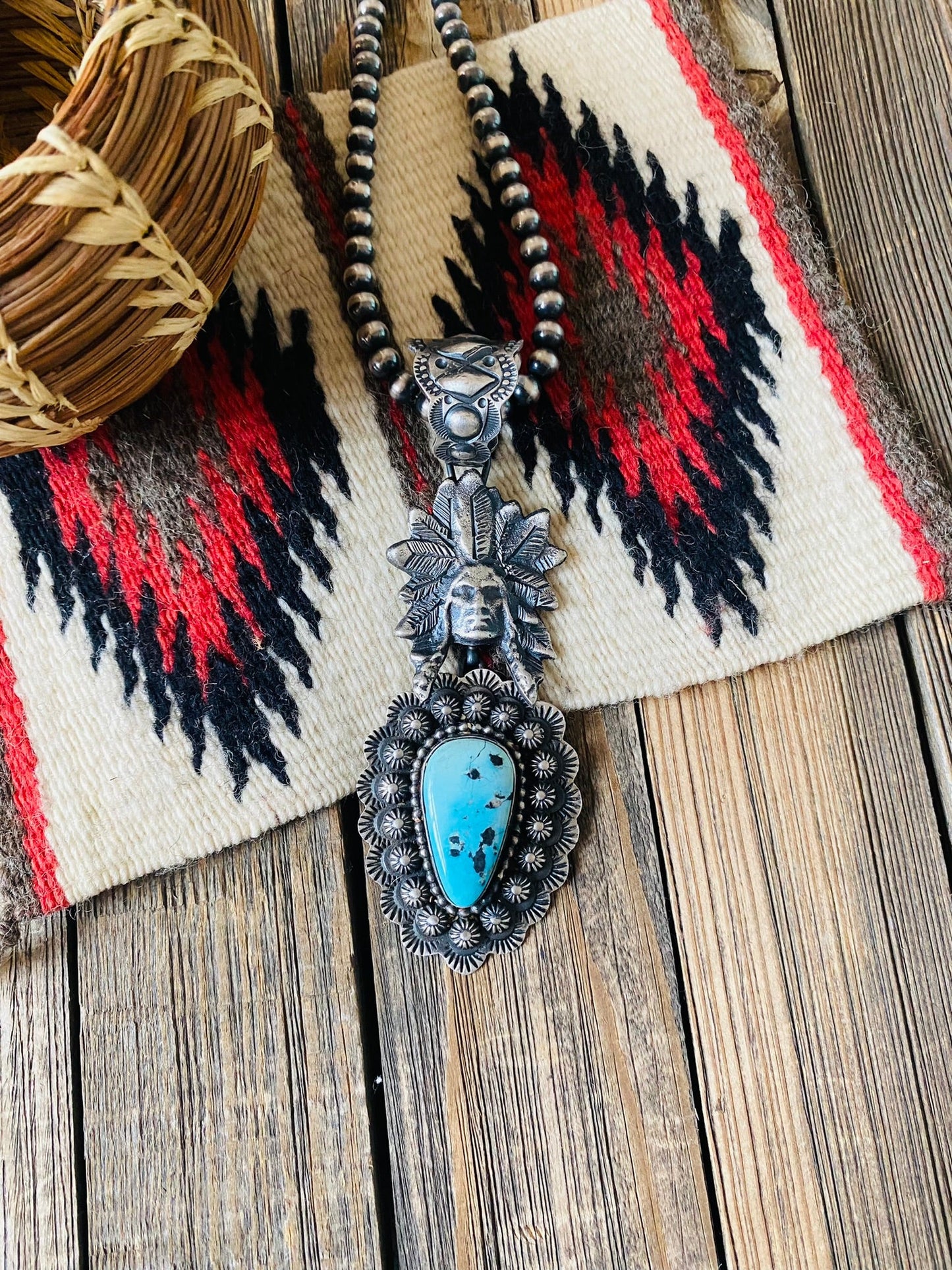 Handcrafted Sterling Kingman Turquoise & Sterling Silver Indian Chief Pendant