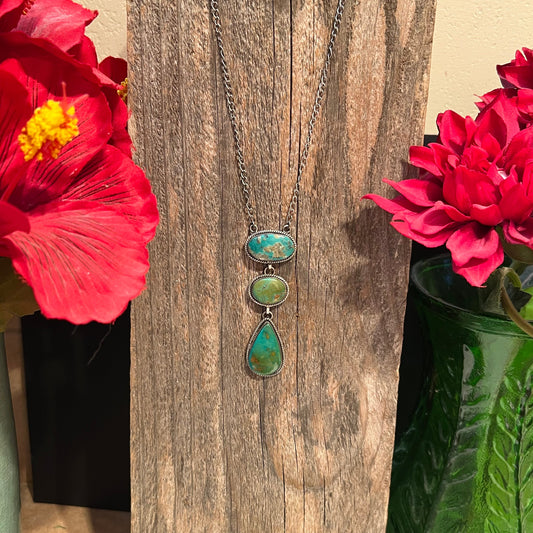Handmade 3 Stone Turquoise & Sterling Silver Drop Necklace (04)