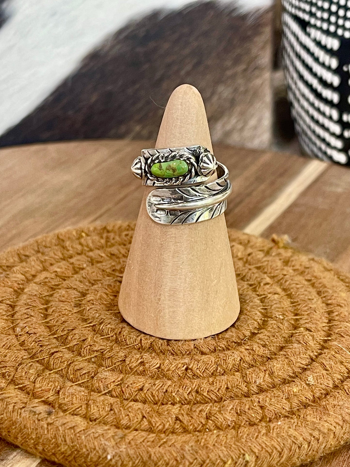 Handmade Sterling Silver & Sonoran Turquoise Adjustable Feather Ring