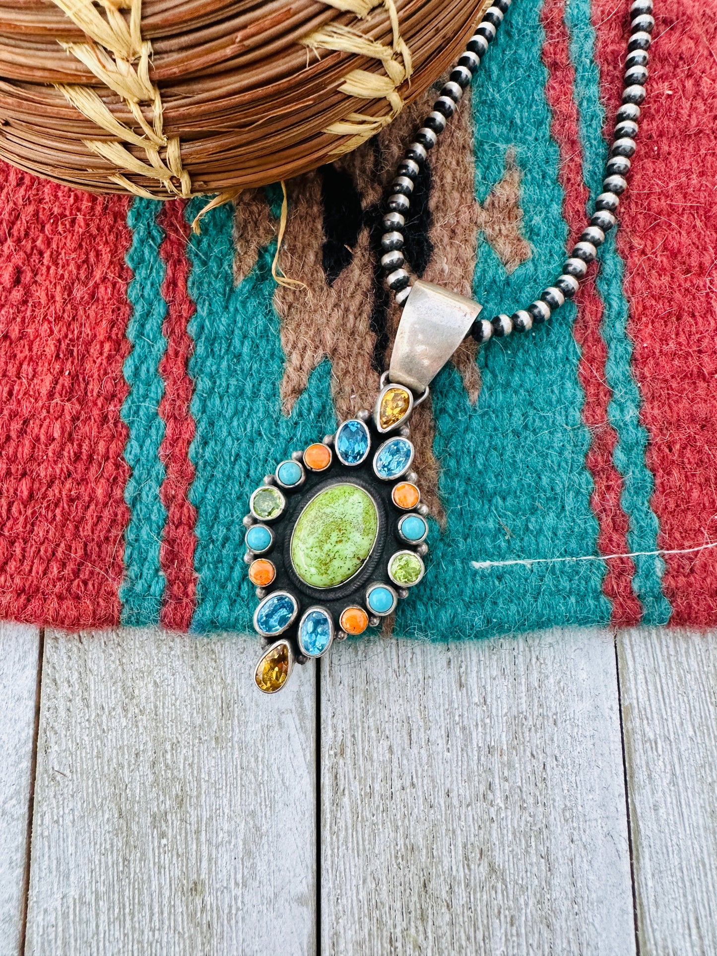 Old Pawn Handcrafted Multi Stone and Sterling Silver Inlay Pendant