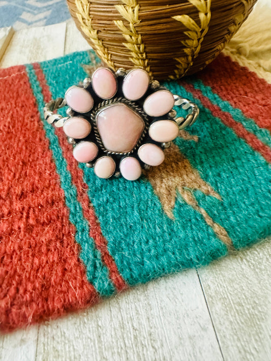 Navajo Queen Pink Conch Shell & Sterling Silver Cluster Cuff Bracelet