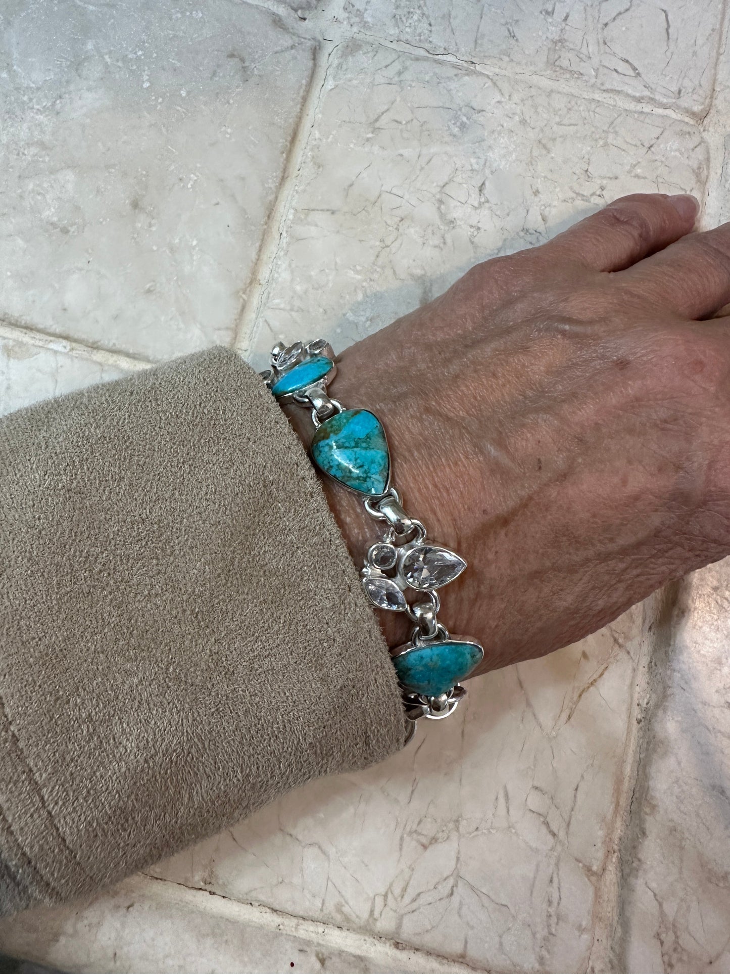 Turquoise 5 Stone & CZ Sterling Silver Bracelet