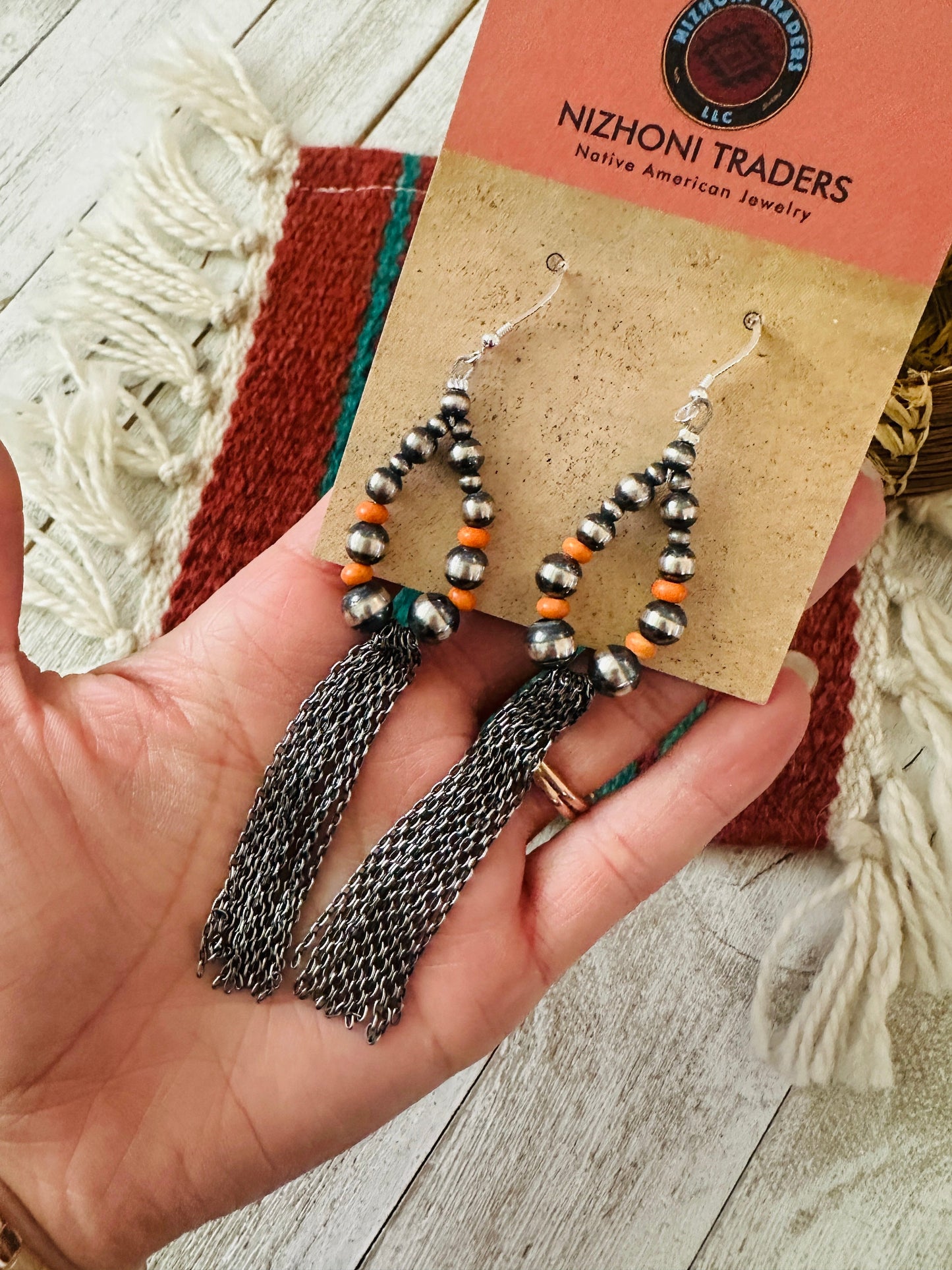 Handcrafted Orange Spiny & Sterling Silver Pearl Beaded Hoop Earrings