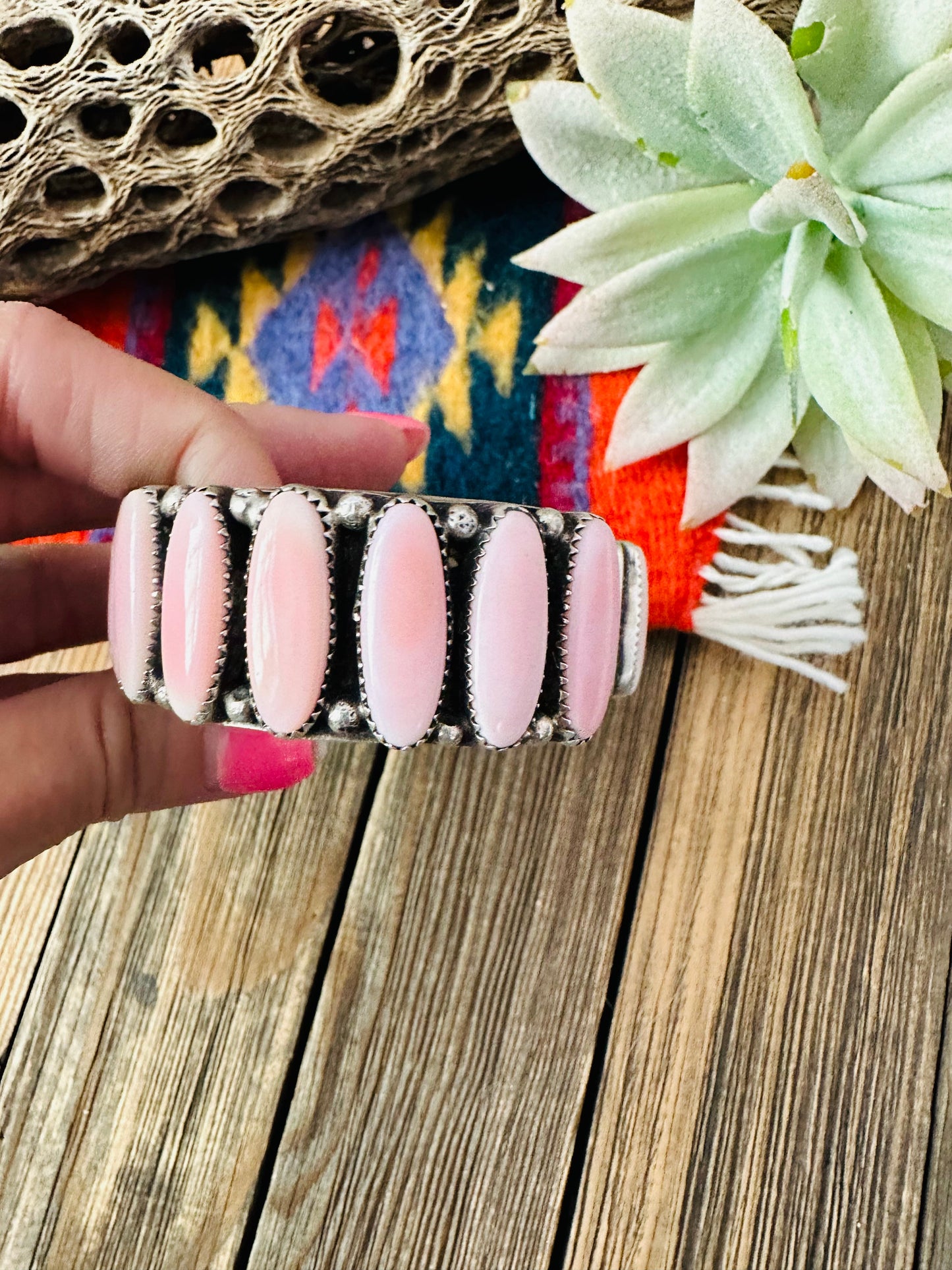 Navajo Queen Pink Conch Shell & Sterling Silver Cuff Bracelet