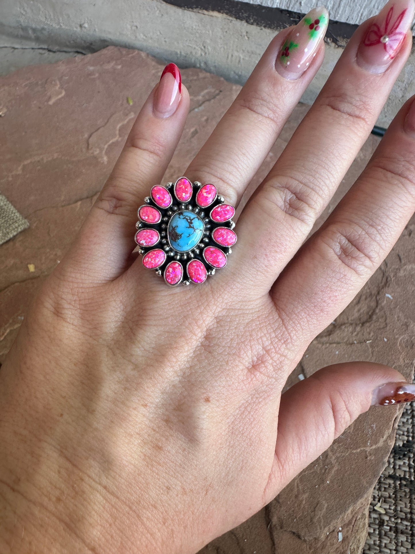 Handmade Adjustable Golden Hills Turquoise, Hot Pink Fire Opal & Sterling Silver Ring