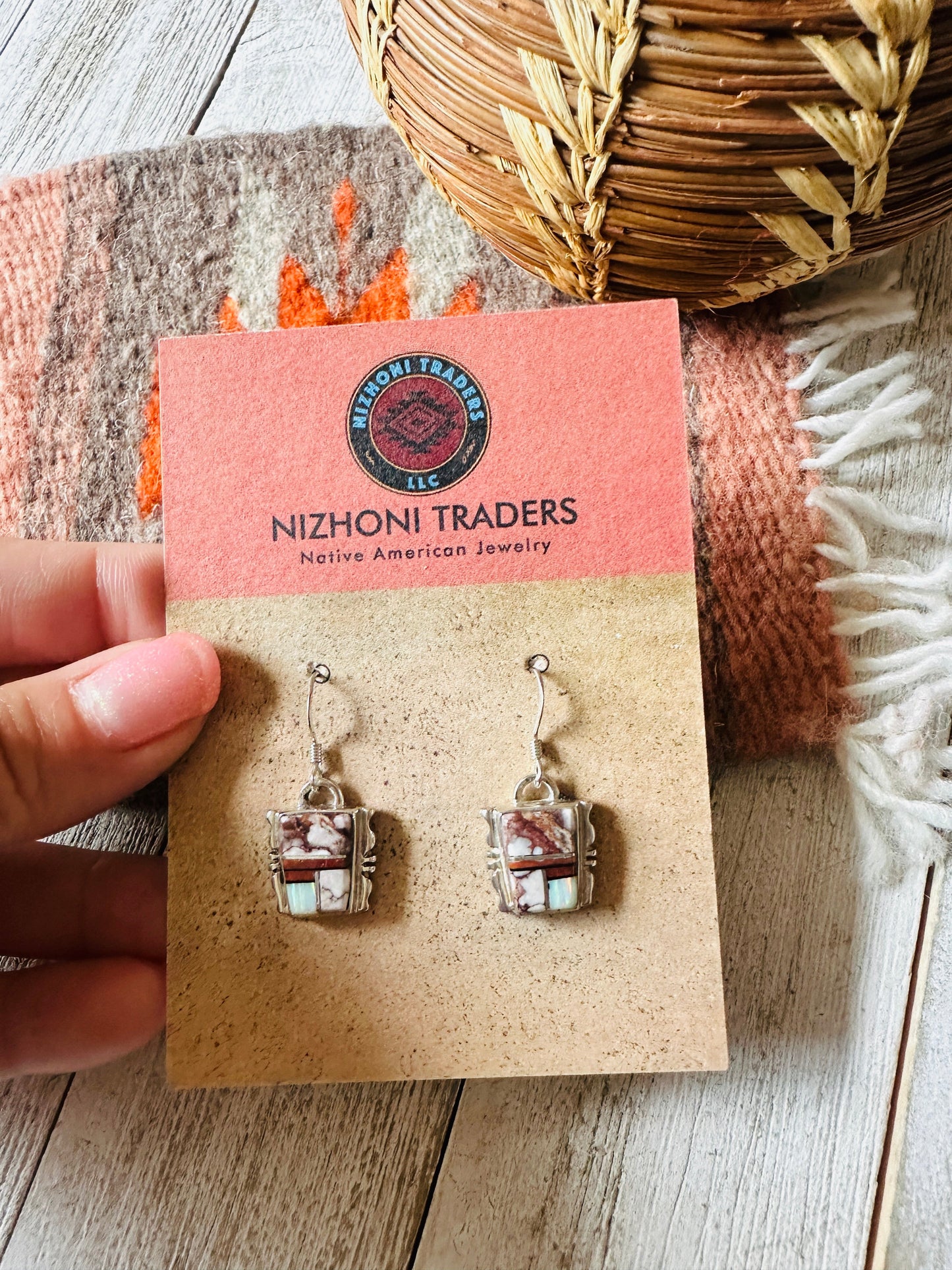 Handcrafted Sterling Silver & Multi Stone Inlay Dangle Earrings