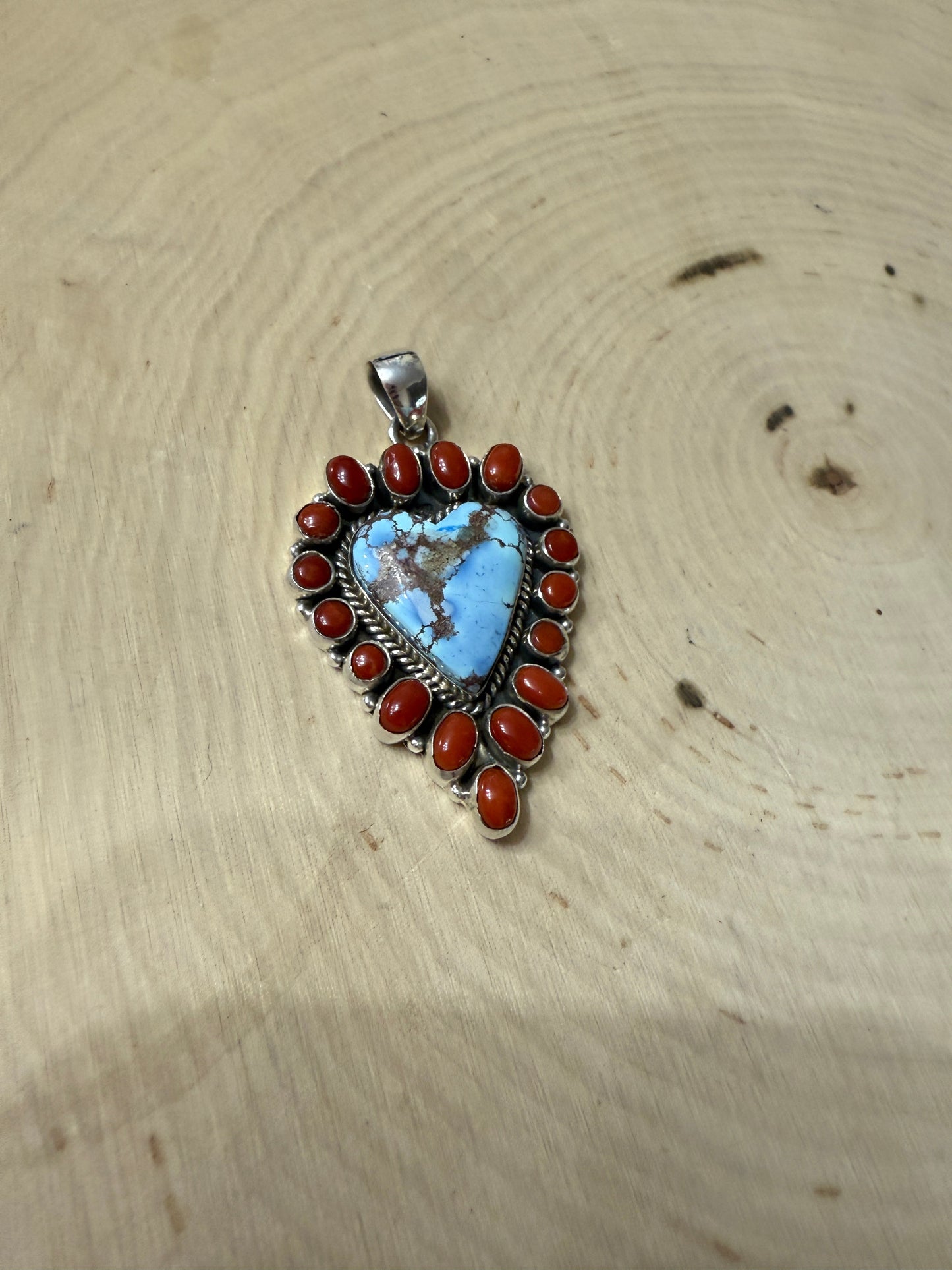 Handmade Sterling Silver, Coral & Golden Hills Turquoise Cluster Heart Pendant