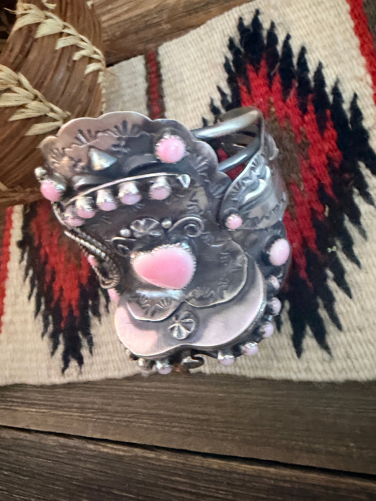 Handcrafted Queen Pink Conch & Sterling Silver Saddle Cuff Bracelet by Tim Yazzie