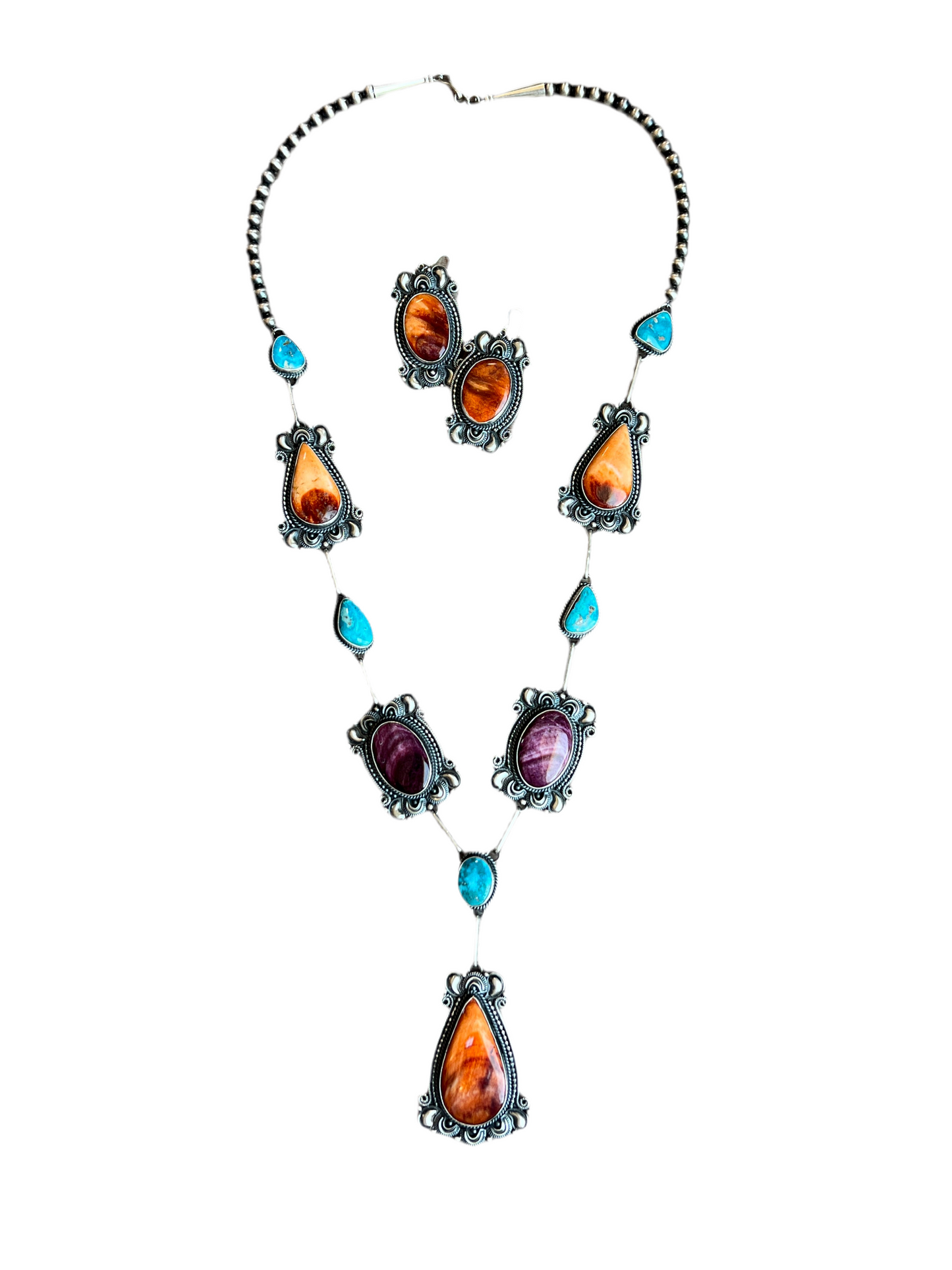 Handcrafted Sterling Silver, Spiny Oyster and Turquoise Link and Bead Electric Rainbow Necklace and Earrings Set by Derrick Gordon