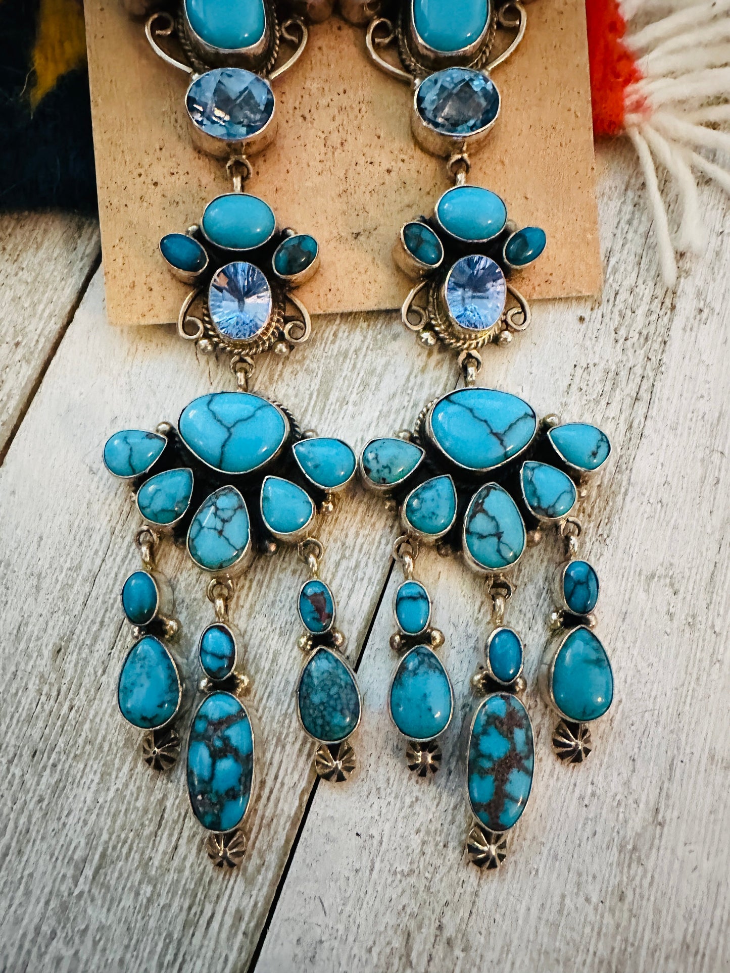 Handcrafted Turquoise, Topaz & Sterling Silver Chandelier Dangle Earrings