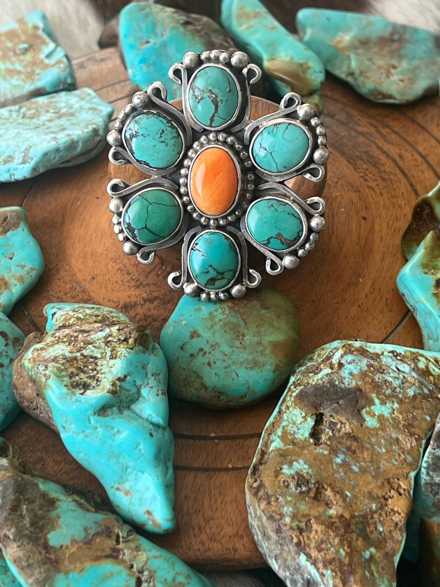 Rosella Paxson Sterling Silver, Hubei Turquoise and Spiny Oyster Shell Cluster Ring