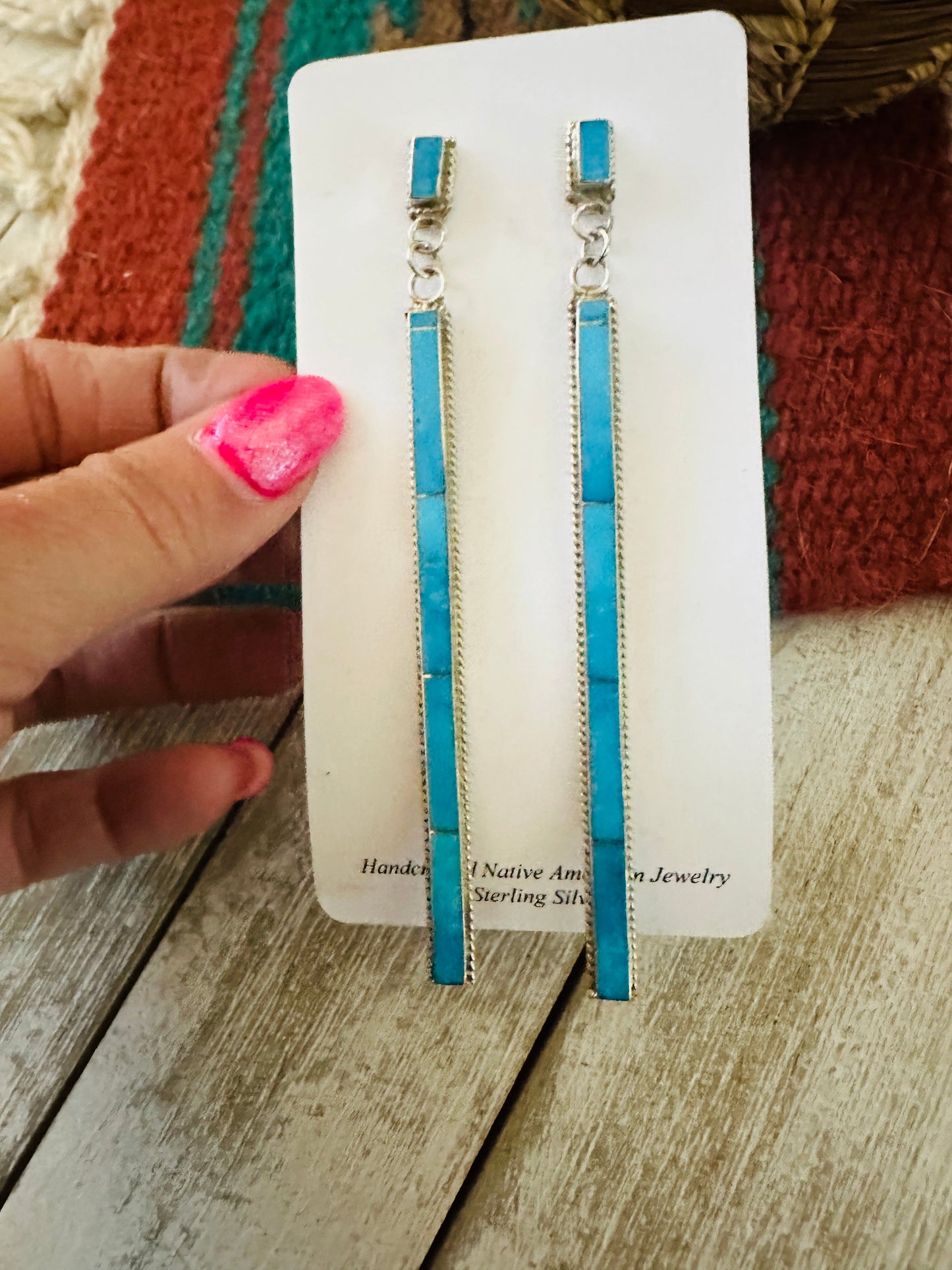 Handcrafted Sterling Silver & Kingman Turquoise Inlay Dangle Earrings by Ricky Booqua