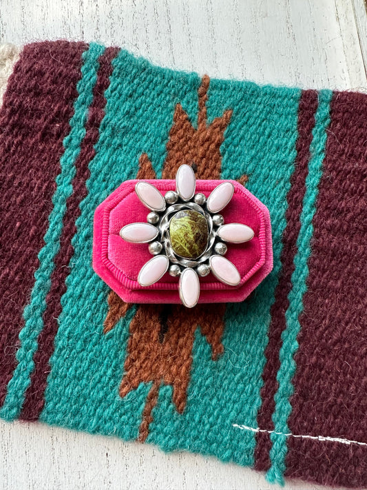 “Pink Blossom” Gorgeous Handcrafted Turquoise, Pink Conch And Sterling Silver Adjustable Flower Ring Signed
