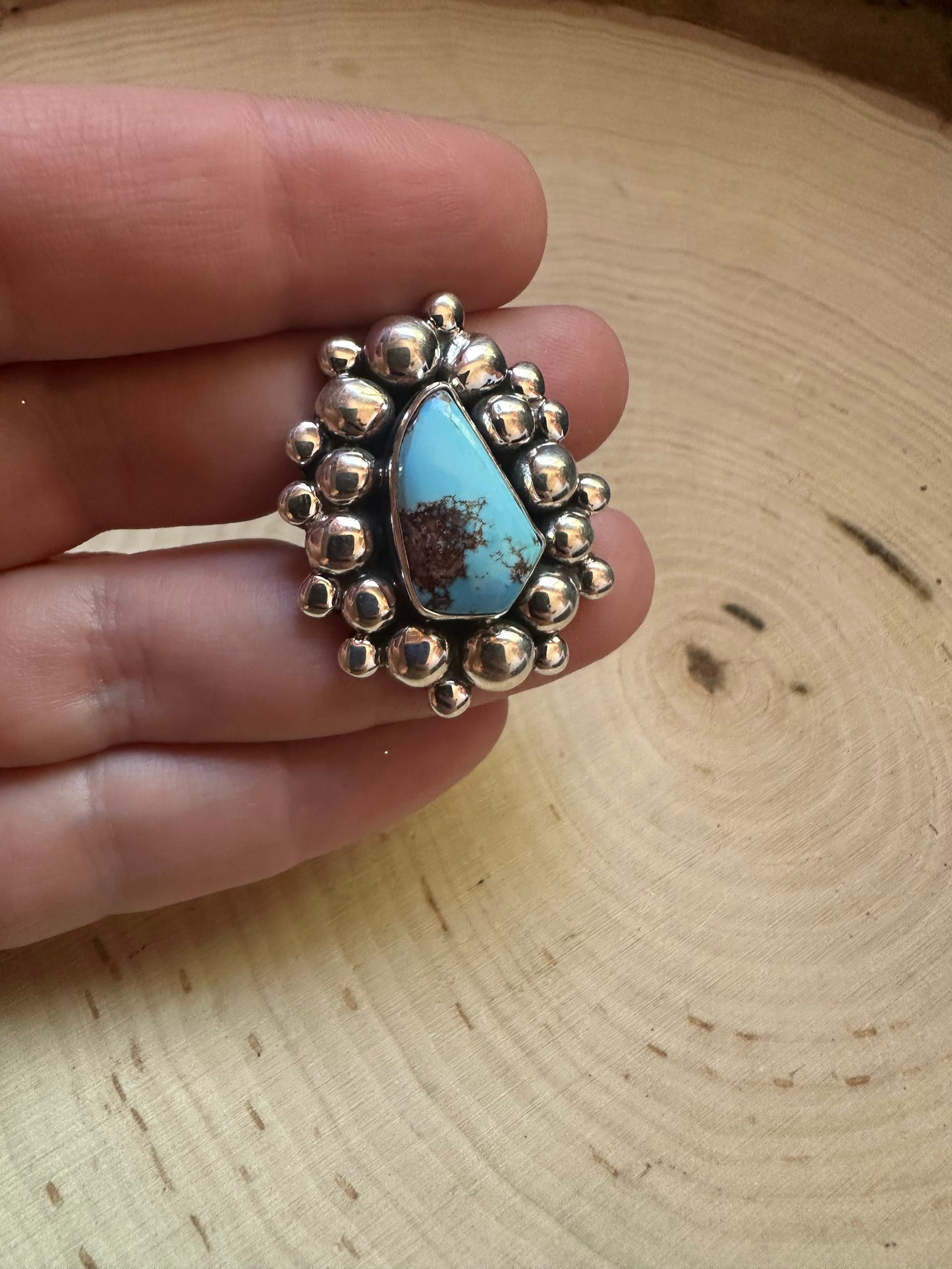 Handmade Golden Hills Turquoise & Sterling Silver Ball Adjustable Ring Signed Nizhoni