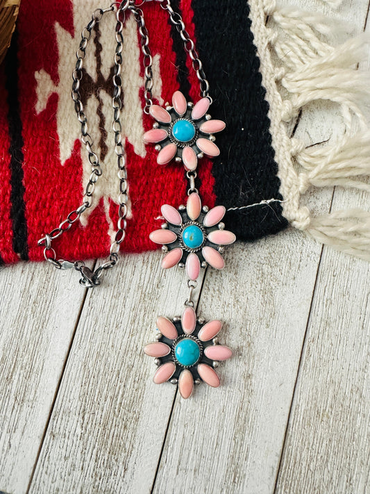 Handcrafted Sterling Silver, Queen Pink Conch & Turquoise Lariat Necklace