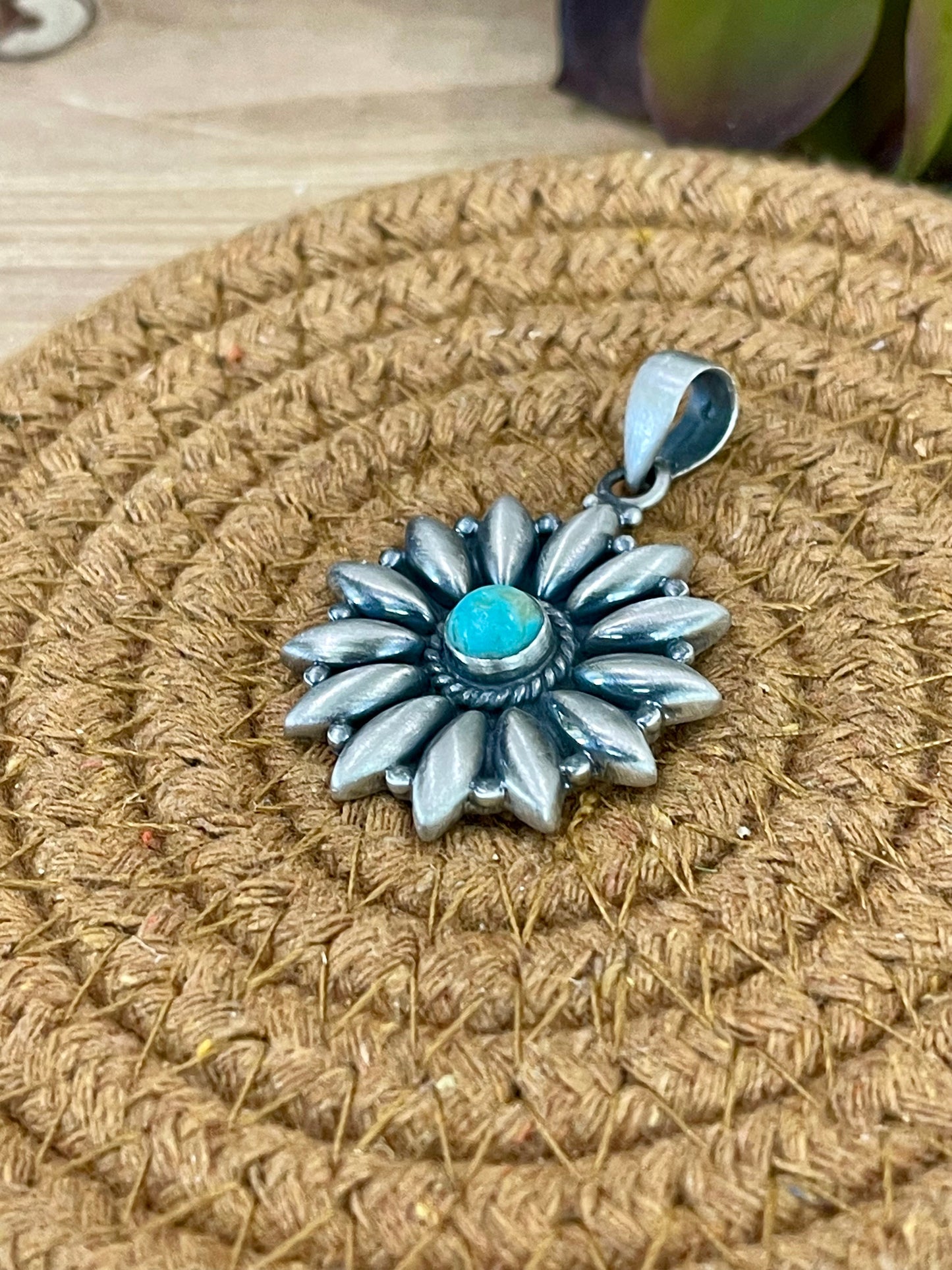 Handmade Sterling Silver Kingman Turquoise Pendant with Signed Nizhoni
