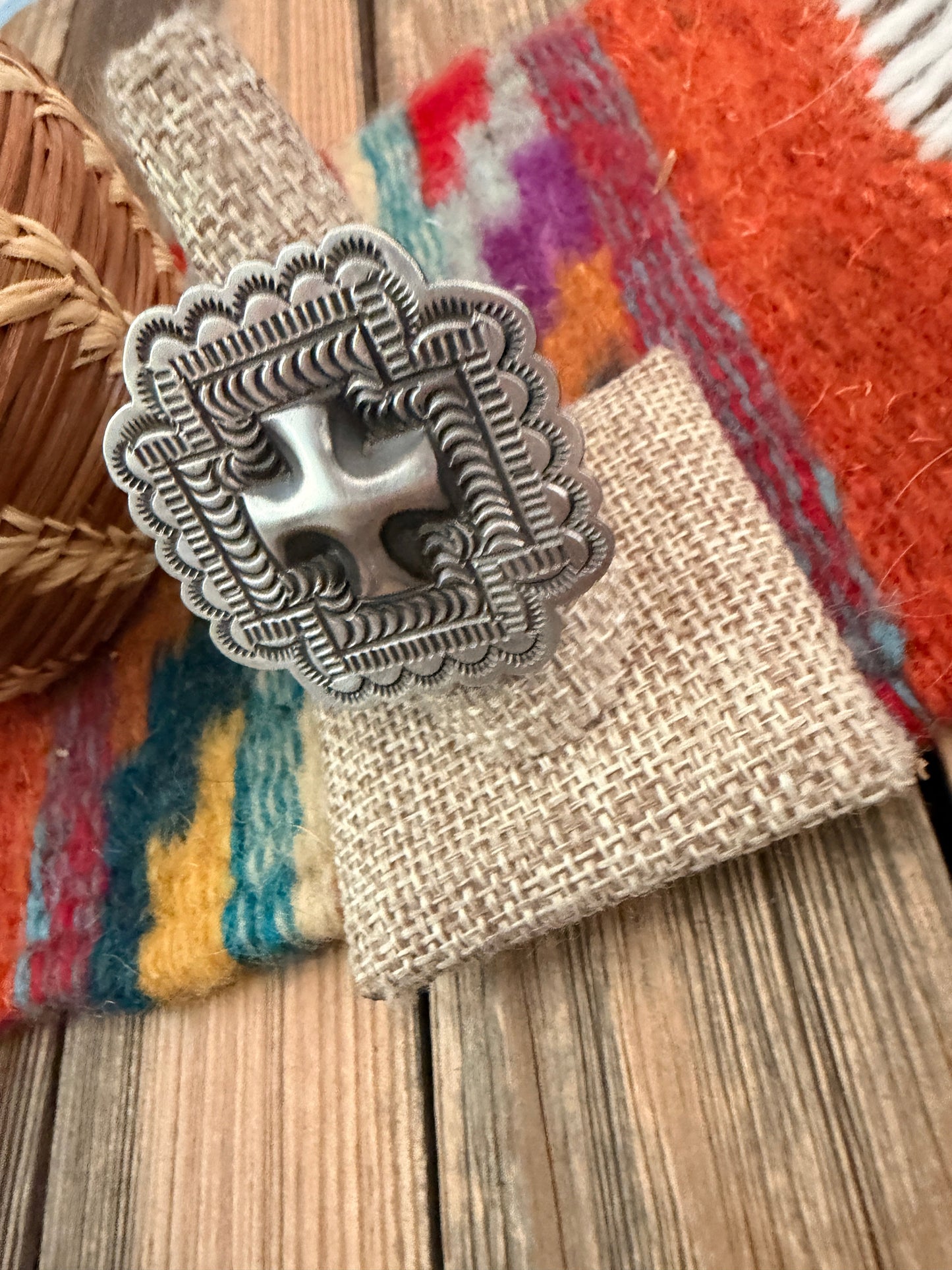 Handcrafted Sterling Silver Adjustable Cross Concho Ring by Leander Tahe