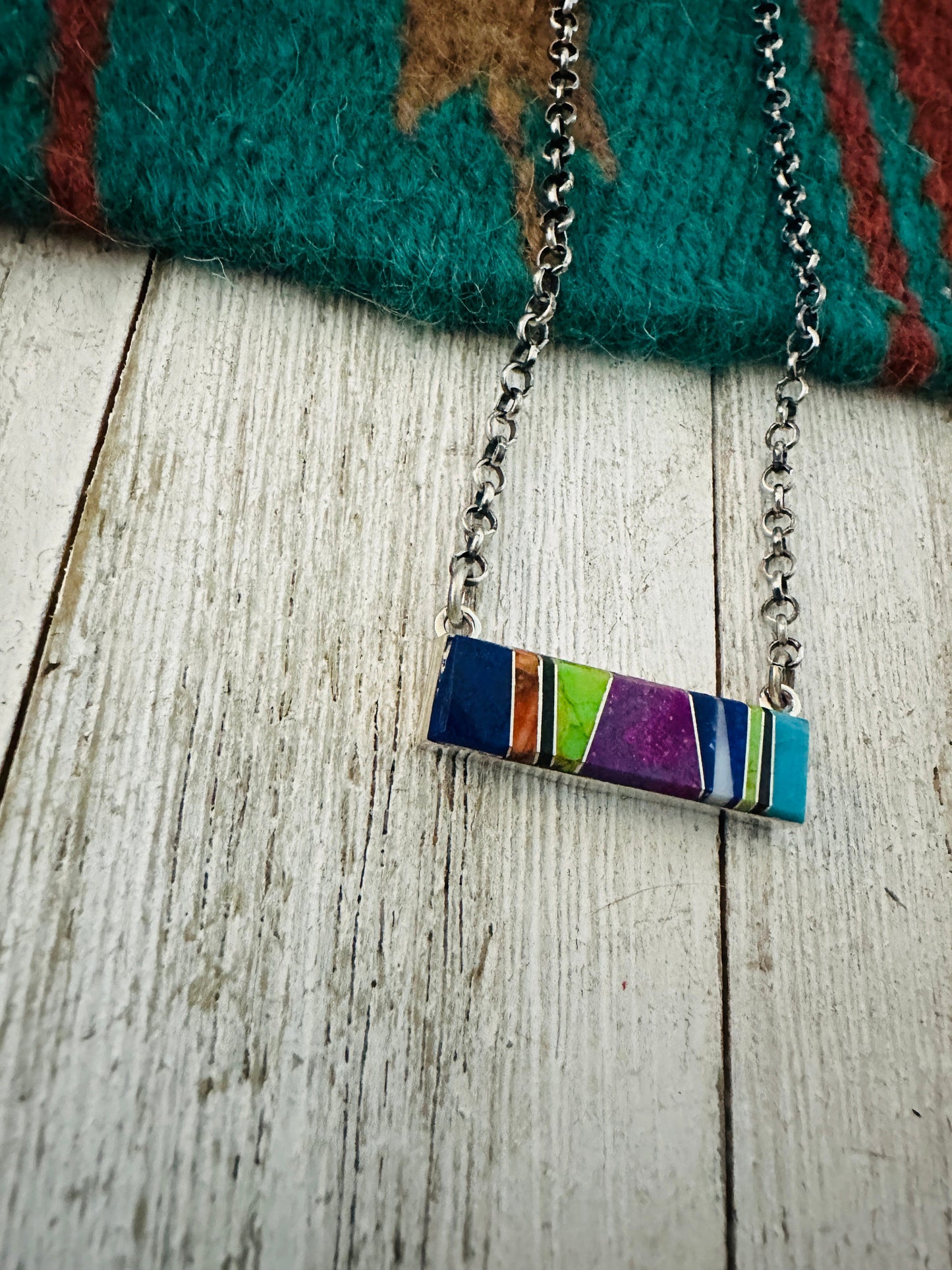 Handcrafted Multi Stone & Sterling Silver Inlay Bar Necklace