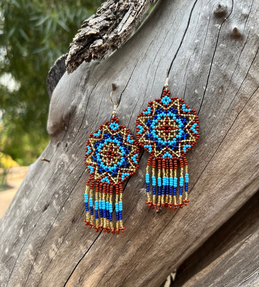Handmade MultiColor Beaded Dangle Earrings (Turquoise, Burgundy, Gold)