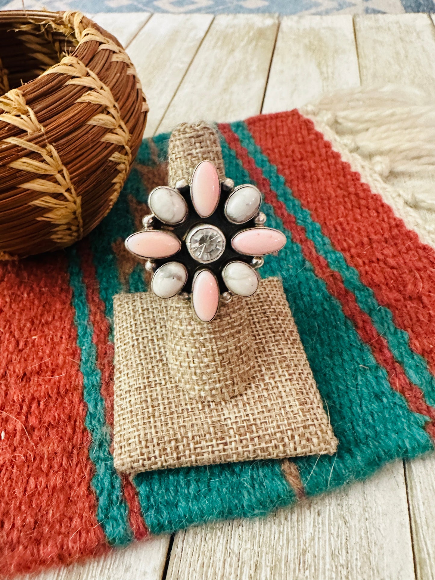 Handcrafted Queen Pink Conch, White Buffalo, CZ & Sterling Silver Adjustable Ring by Jacqueline Silver