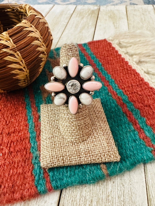 Handcrafted Queen Pink Conch, White Buffalo, CZ & Sterling Silver Adjustable Ring by Jacqueline Silver