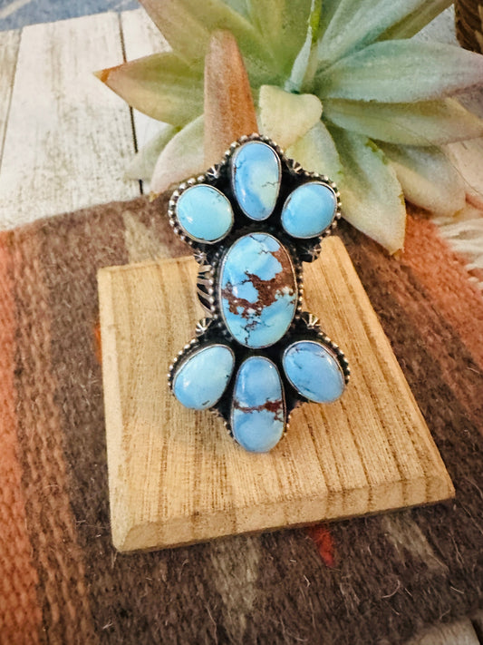 Handcrafted Golden Hills Turquoise & Sterling Silver Cluster Ring Size 8.5