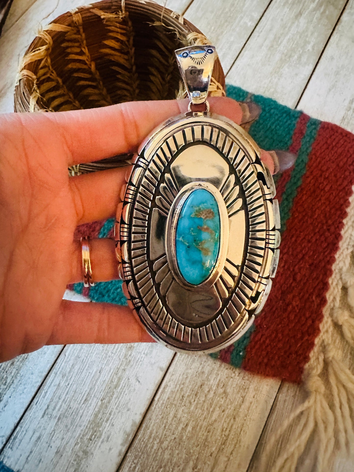 Handcrafted Sonoran Gold Turquoise &  Sterling Silver Pendant, Signed LK