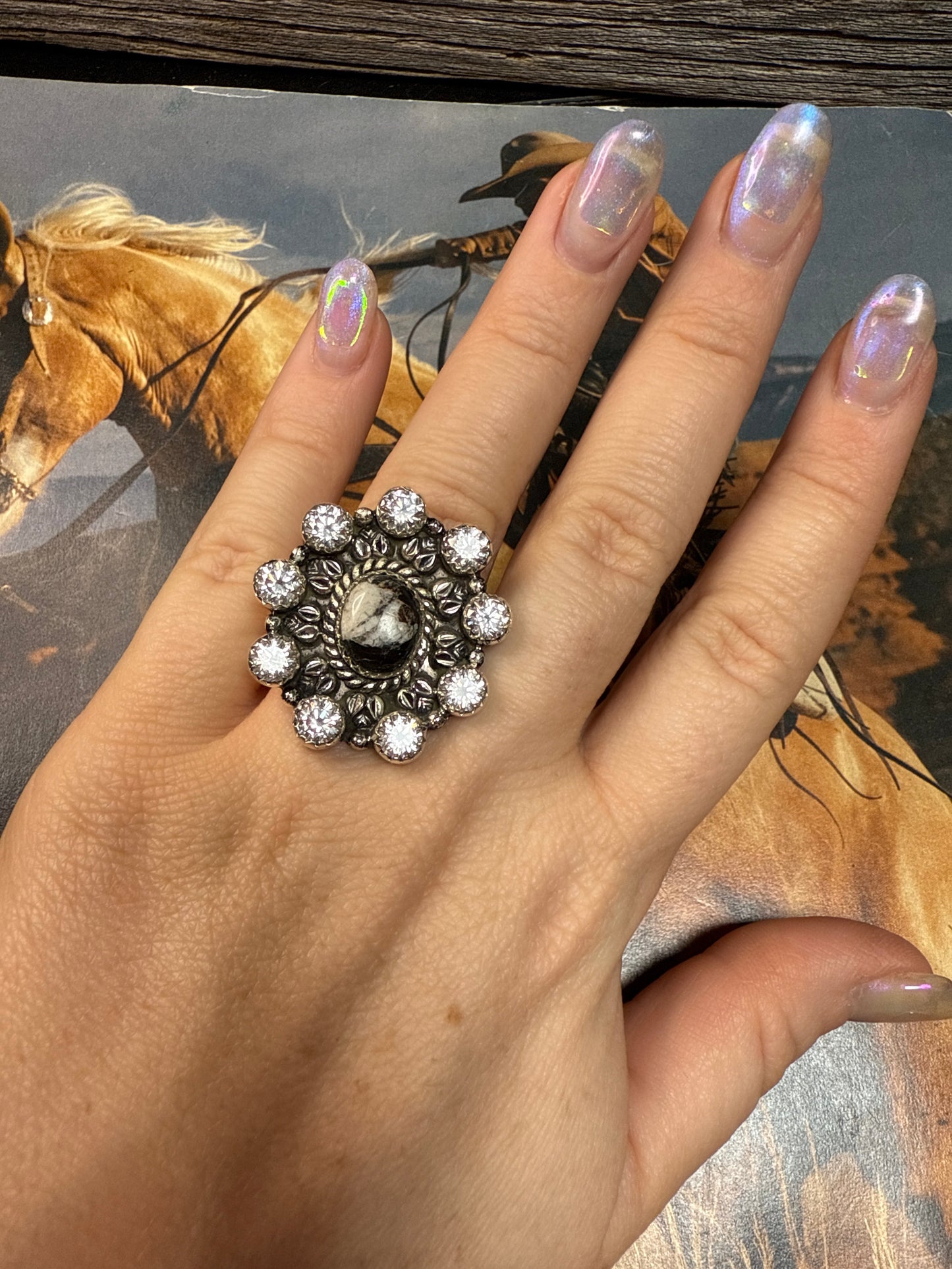 Handmade White Buffalo, CZ And Sterling Silver Adjustable Ring