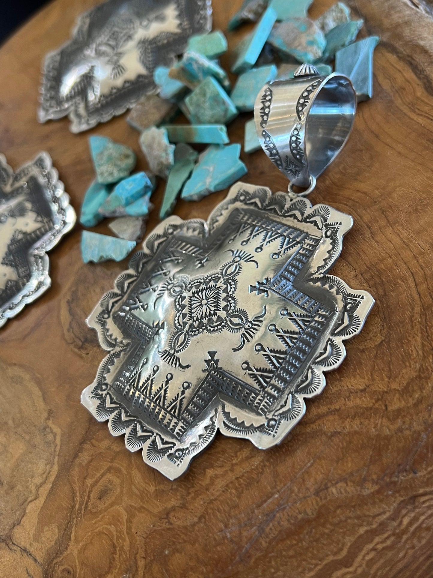 Handcrafted Hand Stamped Sterling Silver Santa Fe Cross Pendant by Victor Platero