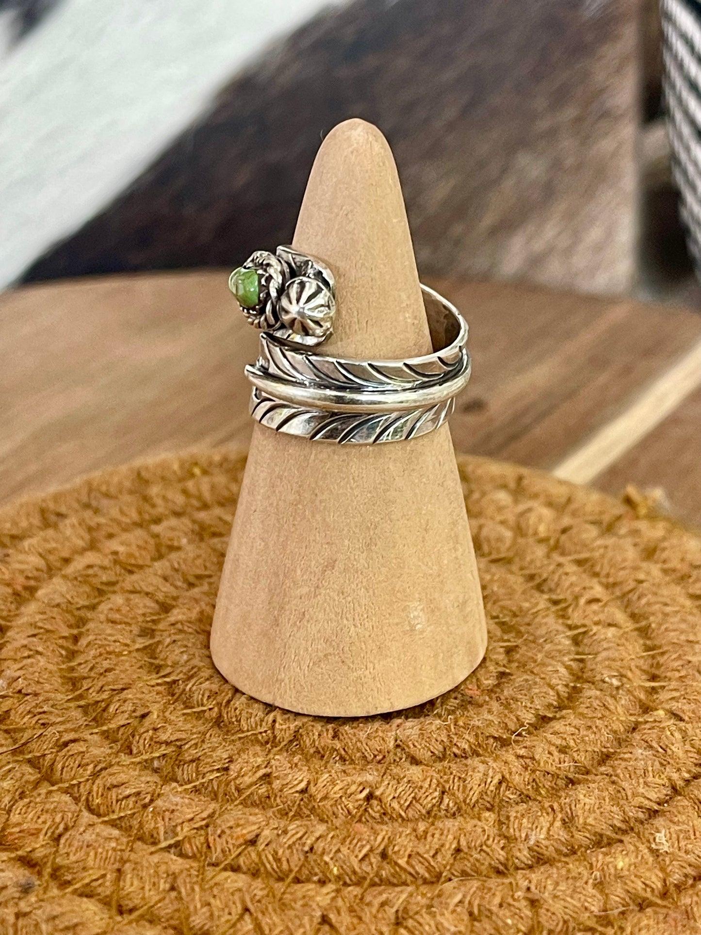 Handmade Sterling Silver & Sonoran Turquoise Adjustable Feather Ring