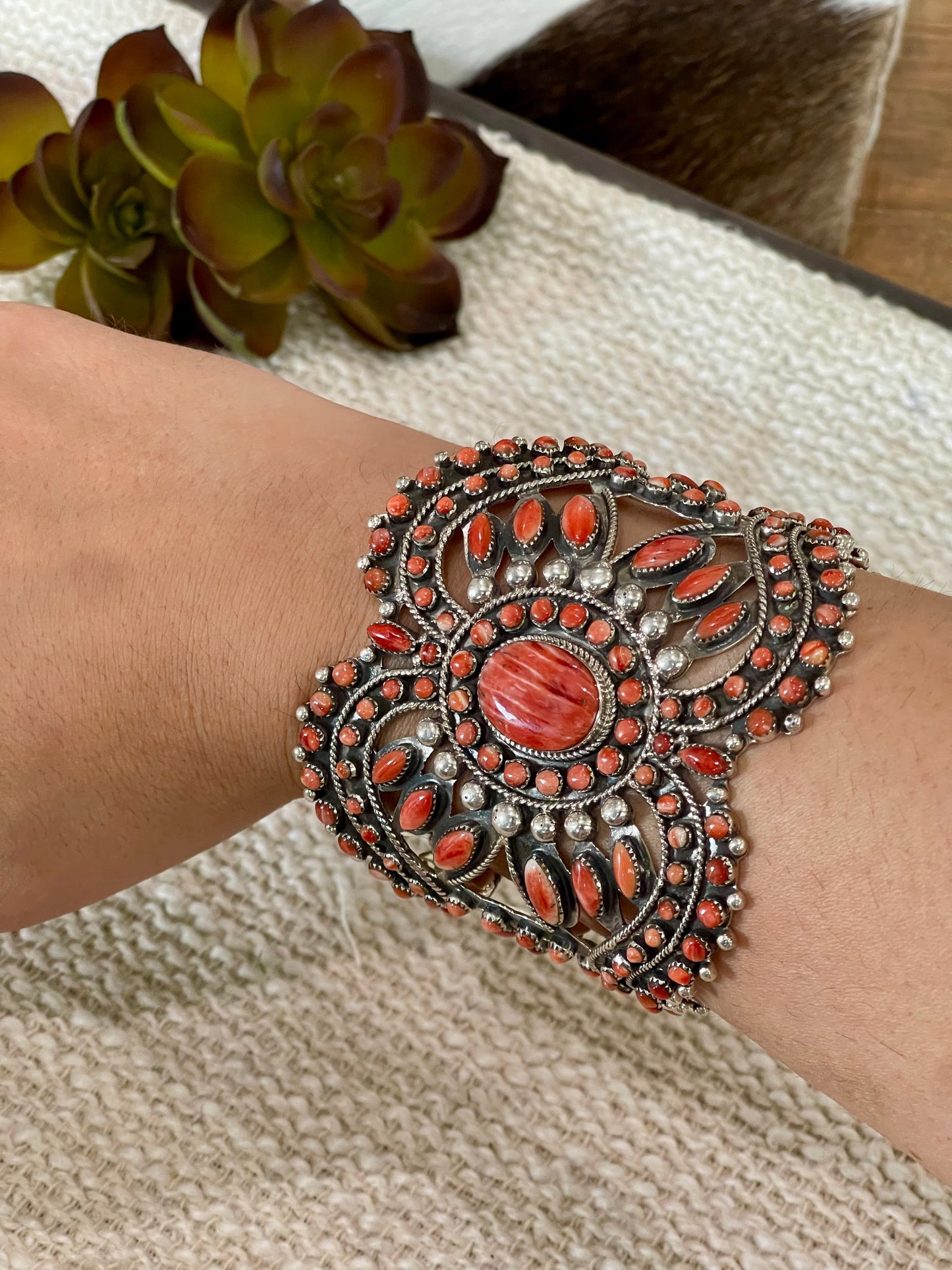 Gorgeous Handmade Sterling Silver & Red Spiny Cuff