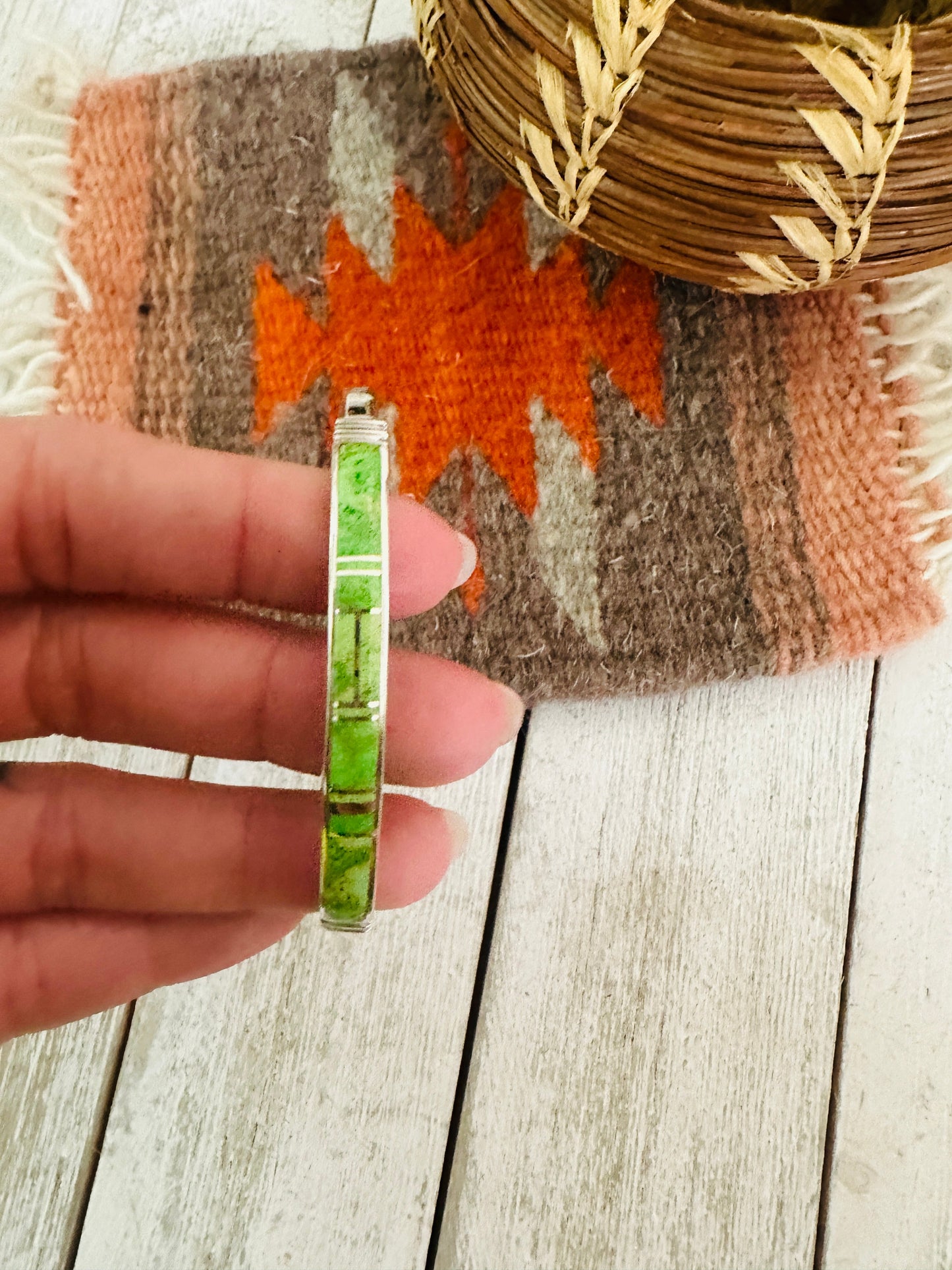 Handcrafted Gaspeite & Sterling Silver Inlay Cuff Bracelet