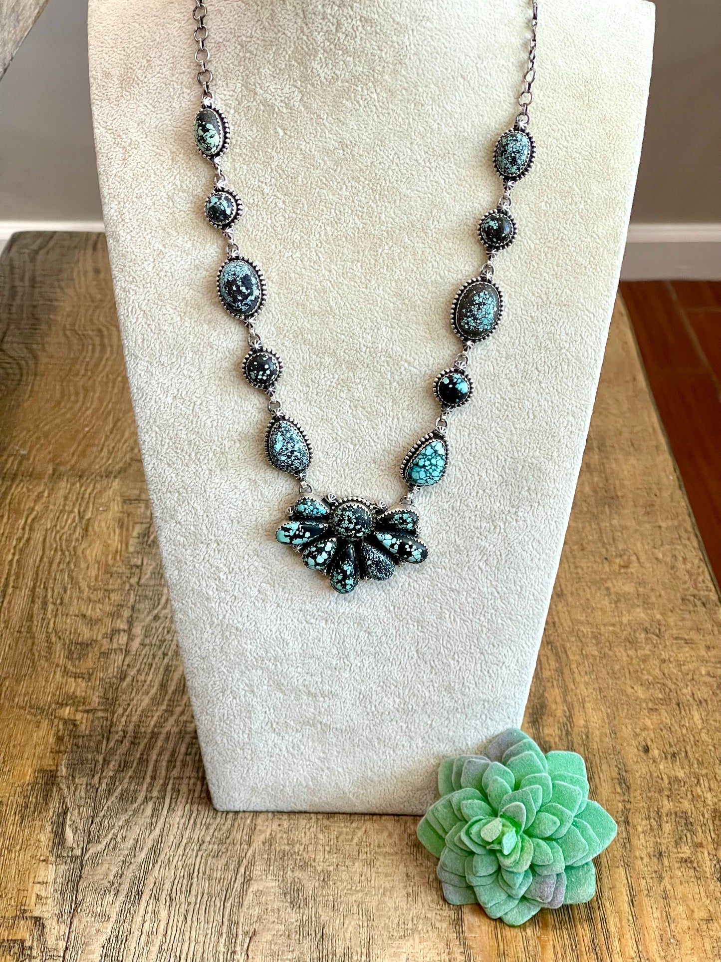 Handmade Sterling Silver & New Lander Turquoise Necklace Signed Nizhoni