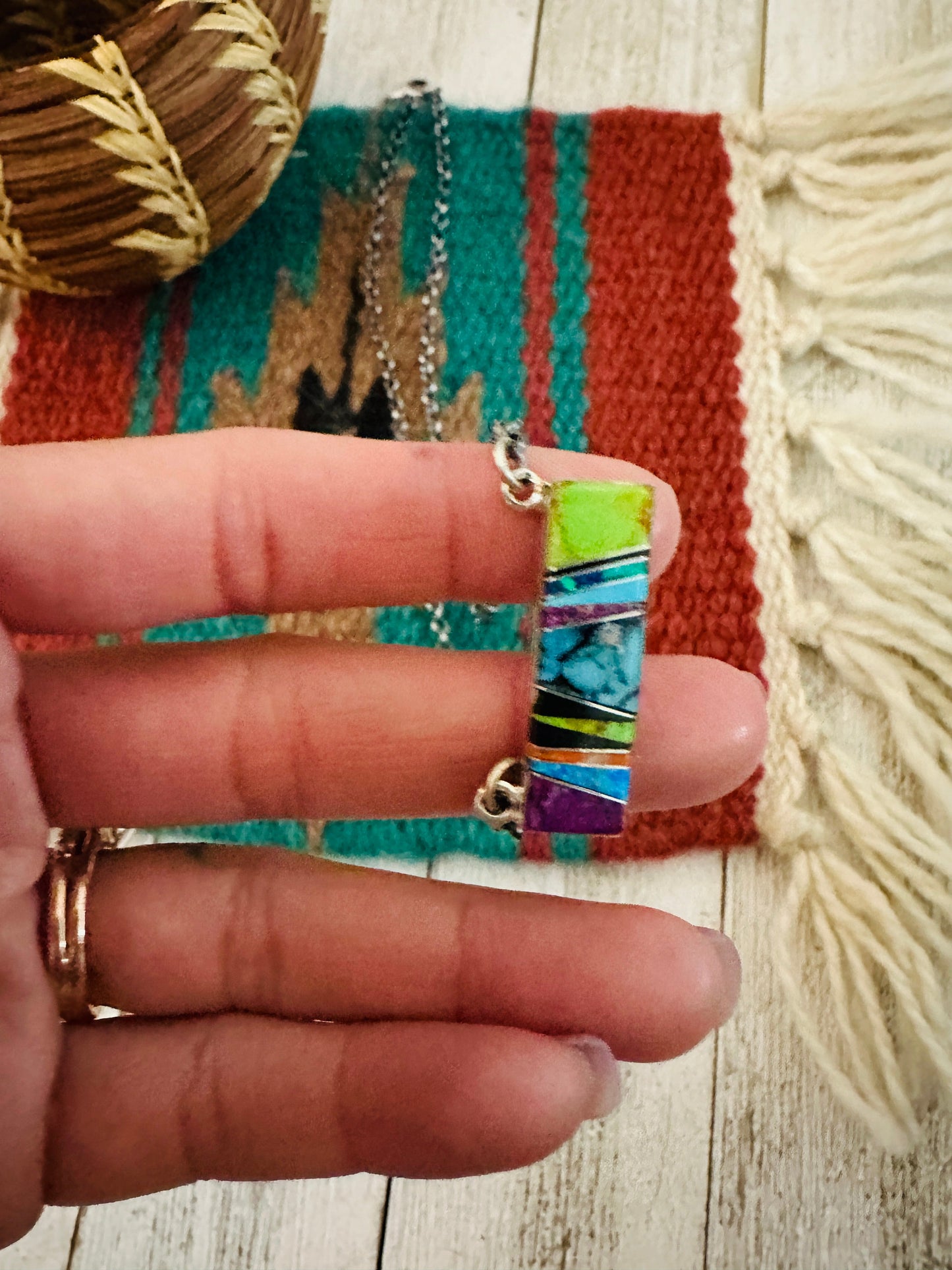 Handcrafted Multi Stone & Sterling Silver Inlay Bar Necklace