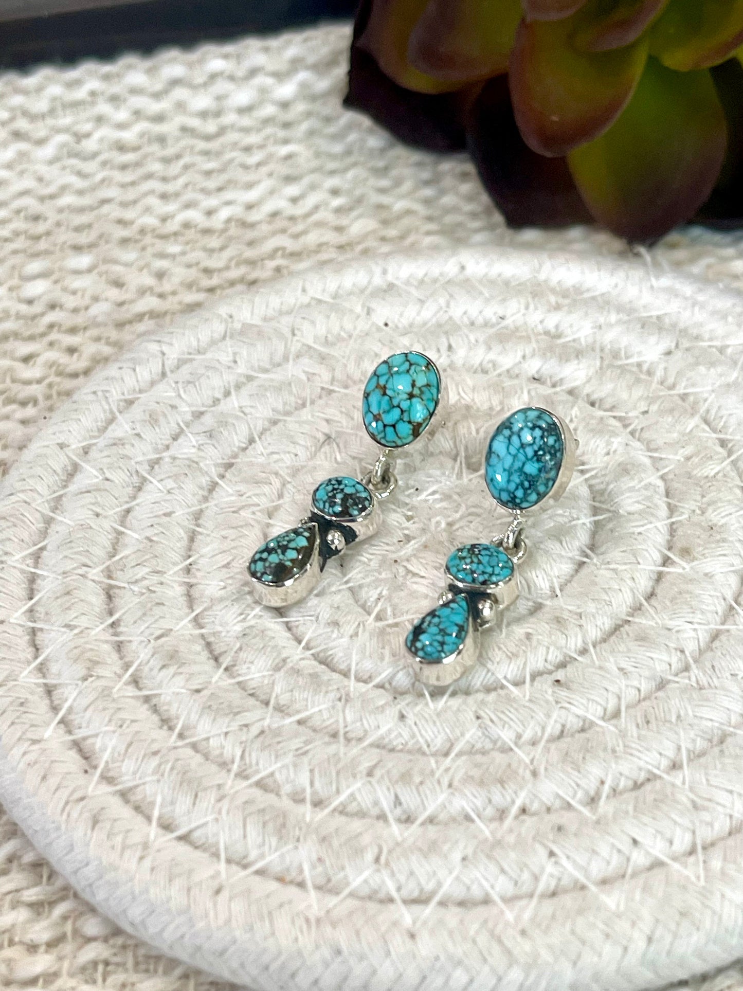 Handmade Sterling Silver Number 8 Turquoise Post Dangle Earrings Signed Nizhoni