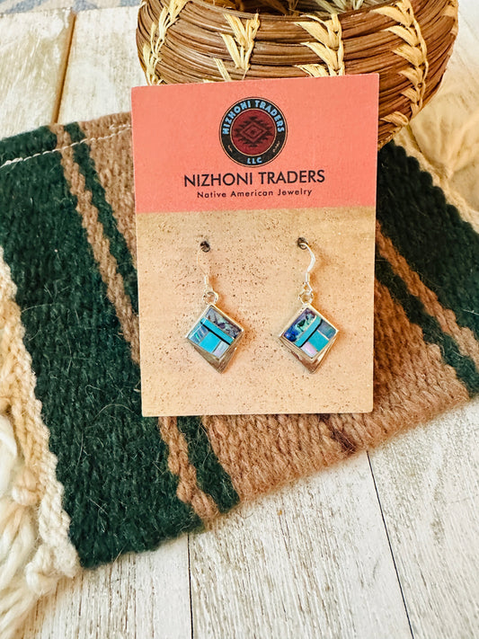Handcrafted Sterling Silver & Multi Stone Inlay Dangle Earrings