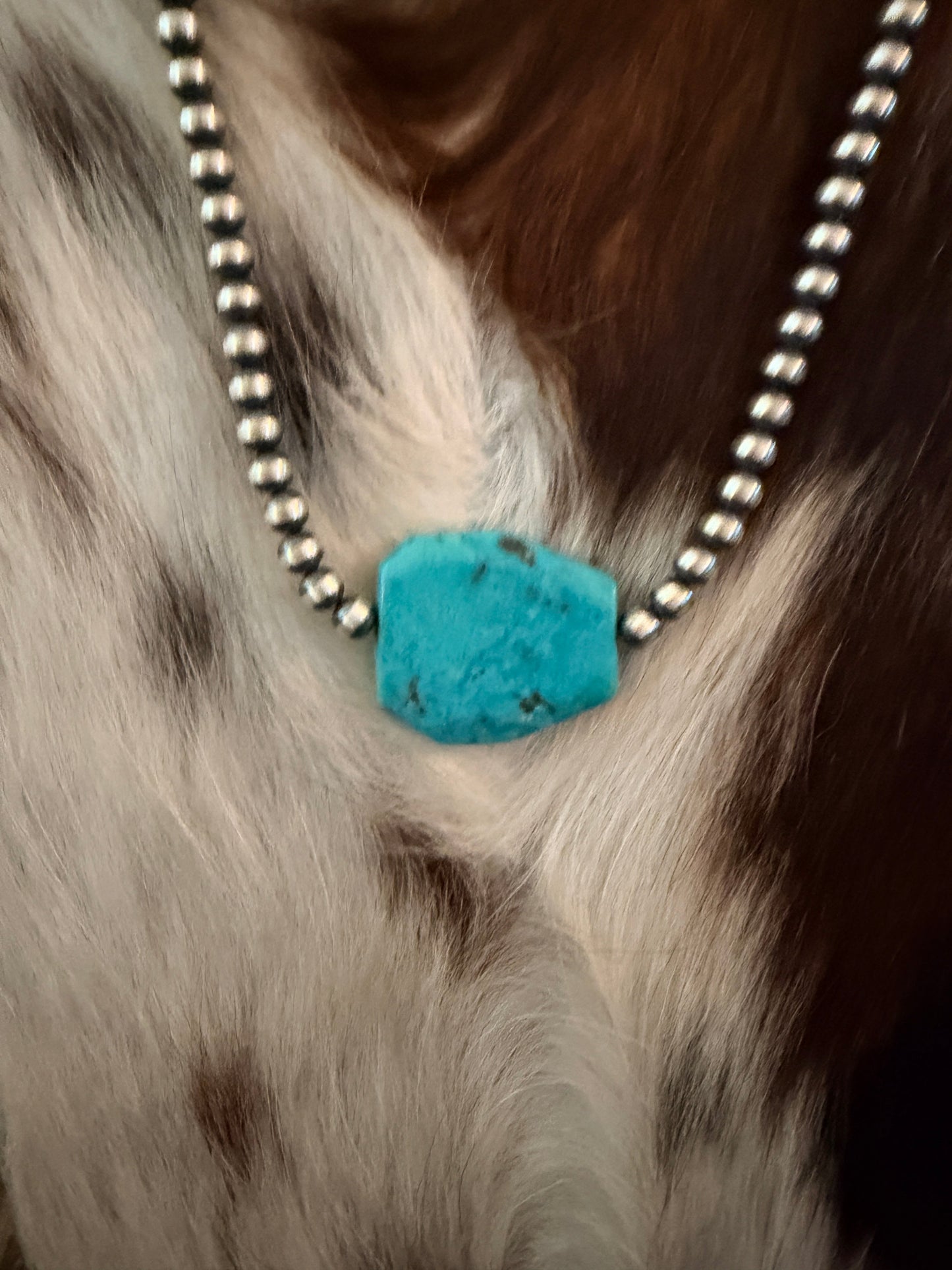 Handcrafted Kingman Turquoise & Sterling Silver Pearl 18” Beaded Necklace