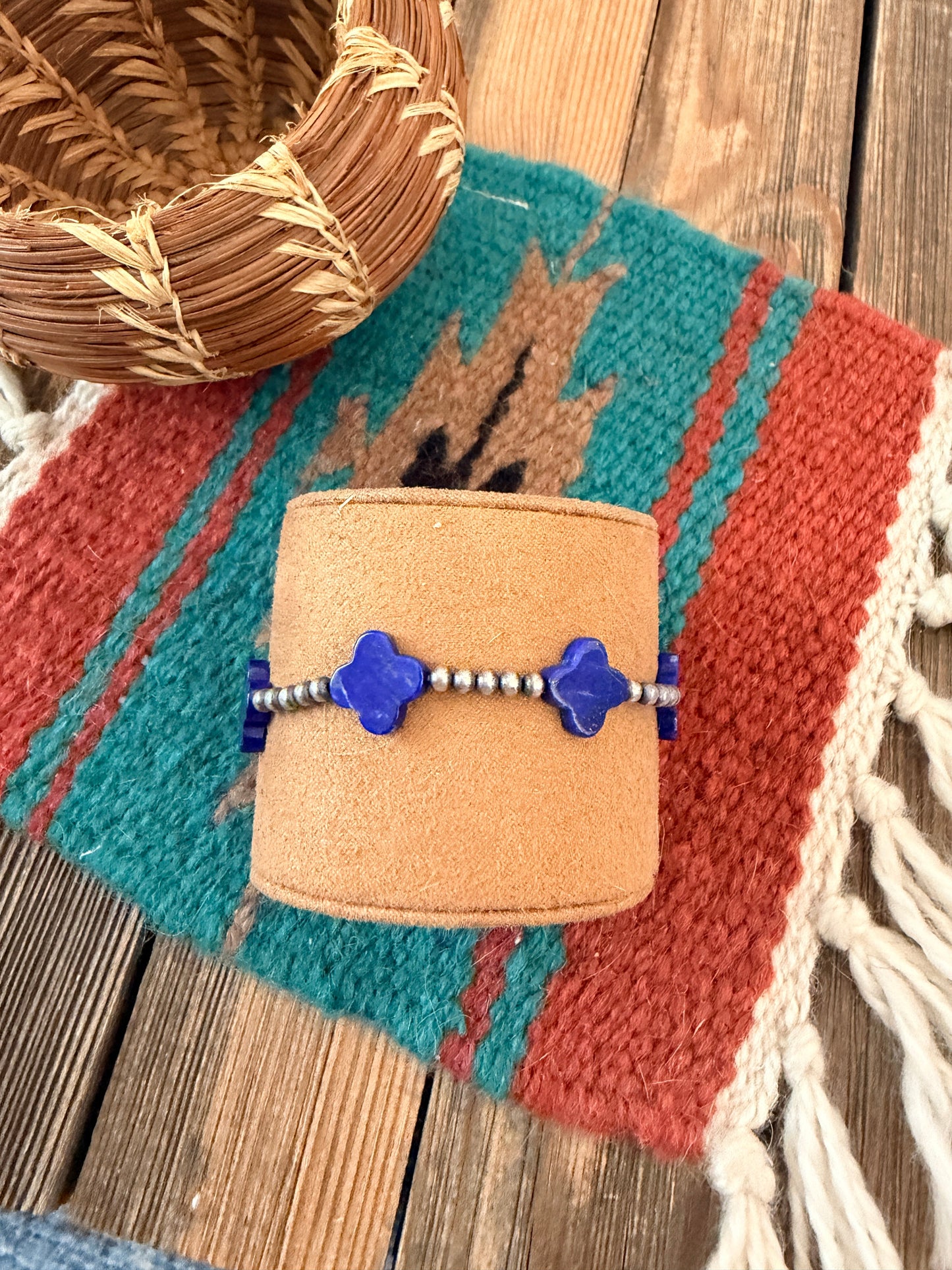 Handcrafted Lapis & Sterling Silver Pearl Cross Beaded Stretch Bracelet