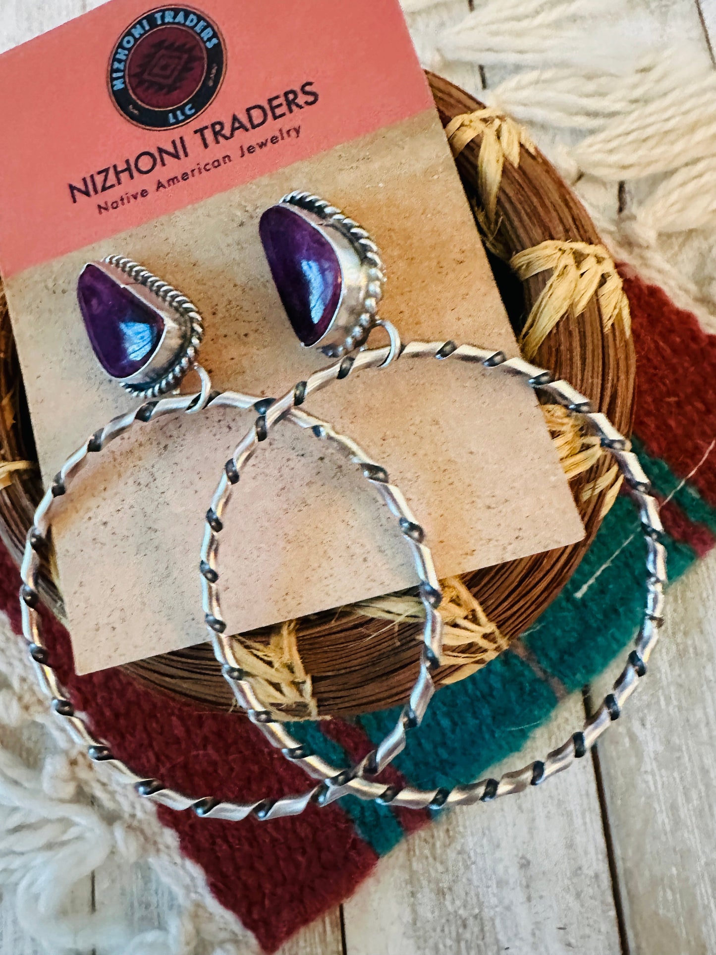 Handcrafted Purple Spiny and Sterling Silver Dangle Hoop Earrings