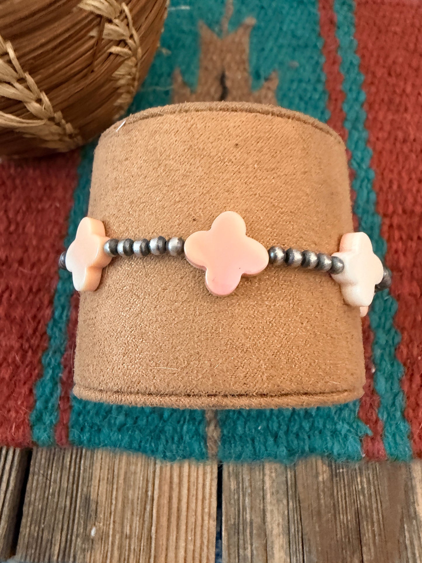 Handcrafted Queen Pink Conch & Sterling Silver Pearl Cross Beaded Stretch Bracelet