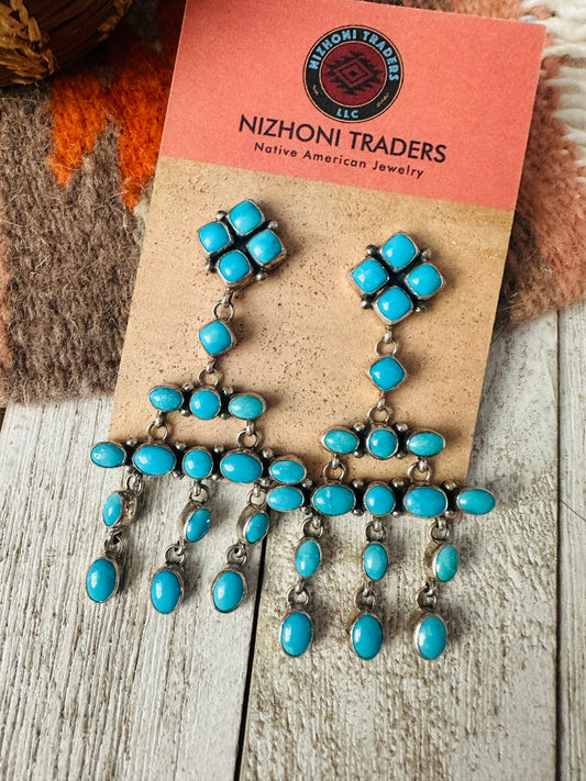 Handcrafted Sterling Silver & Turquoise Cluster Dangle Earrings