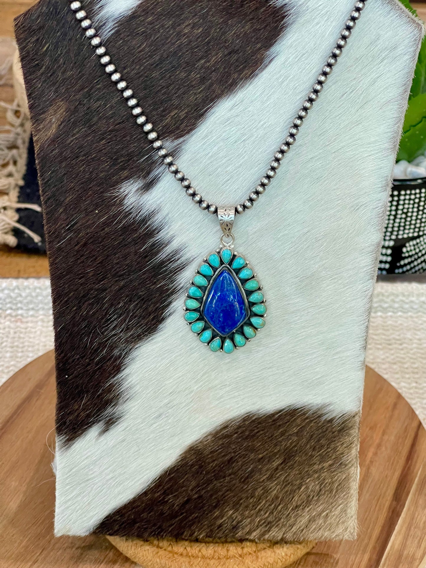 Handcrafted Sterling Silver, Lapis & Kingman Turquoise Cluster Pendant