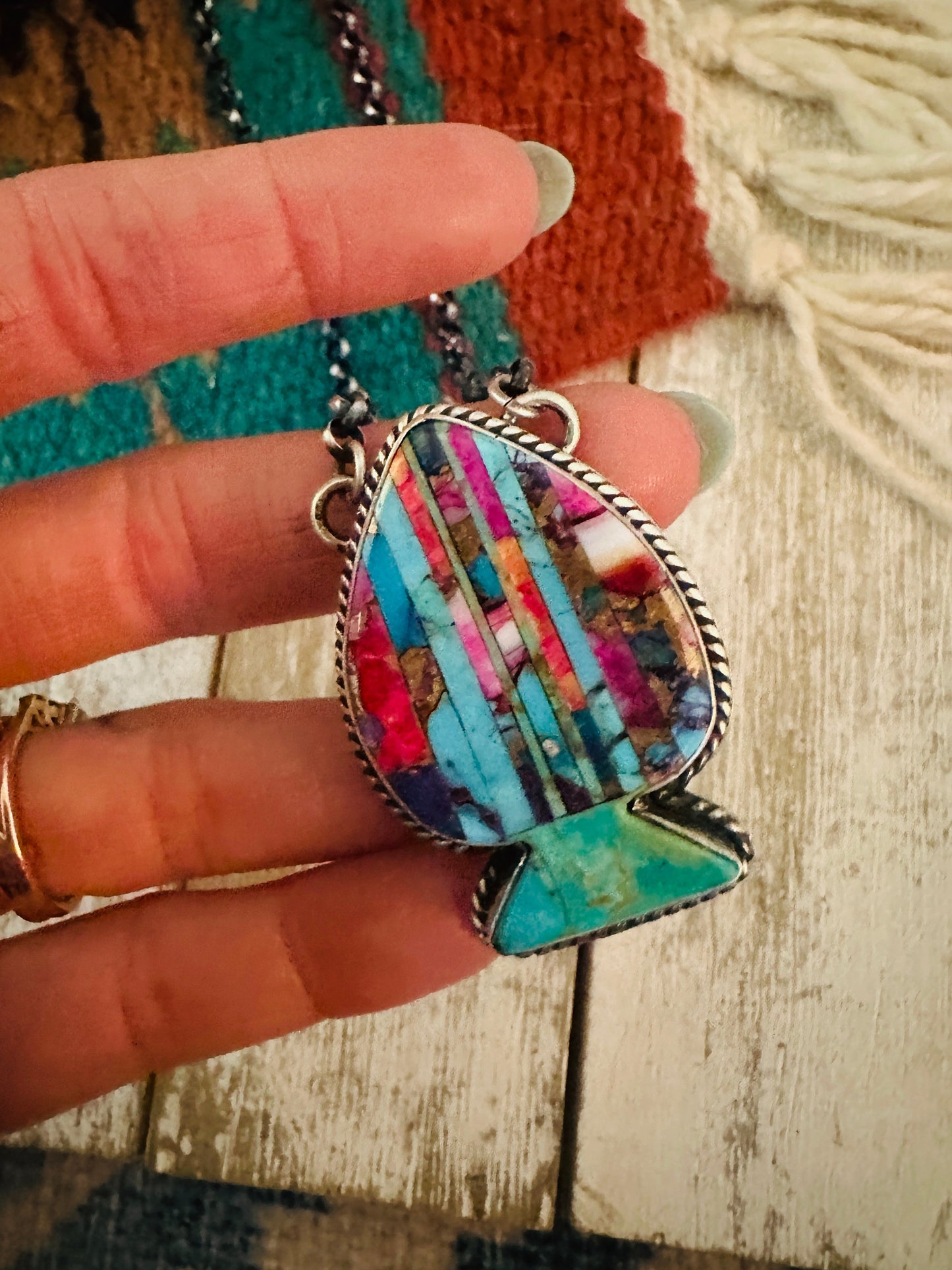 Handcrafted Sterling Silver & Multi Stone Inlay Spade Necklace