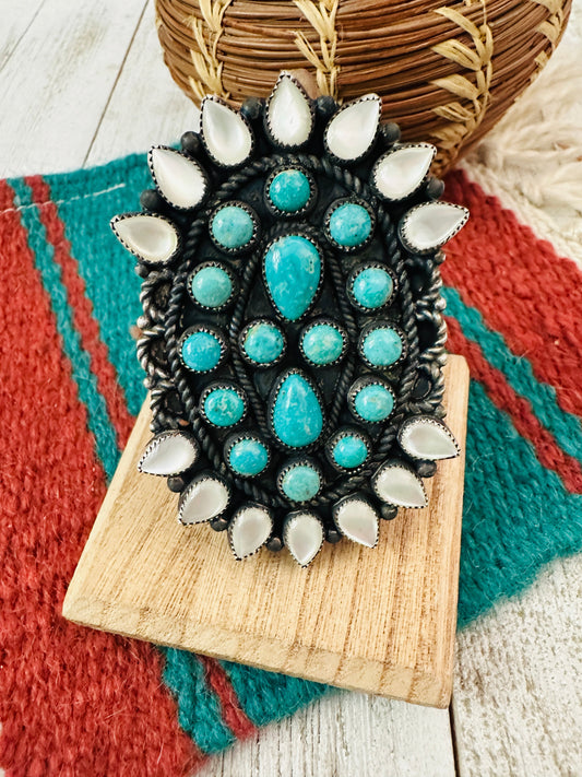 Handcrafted Sterling Silver, Turquoise & Mother of Pearl Cluster Ring Size 8.5